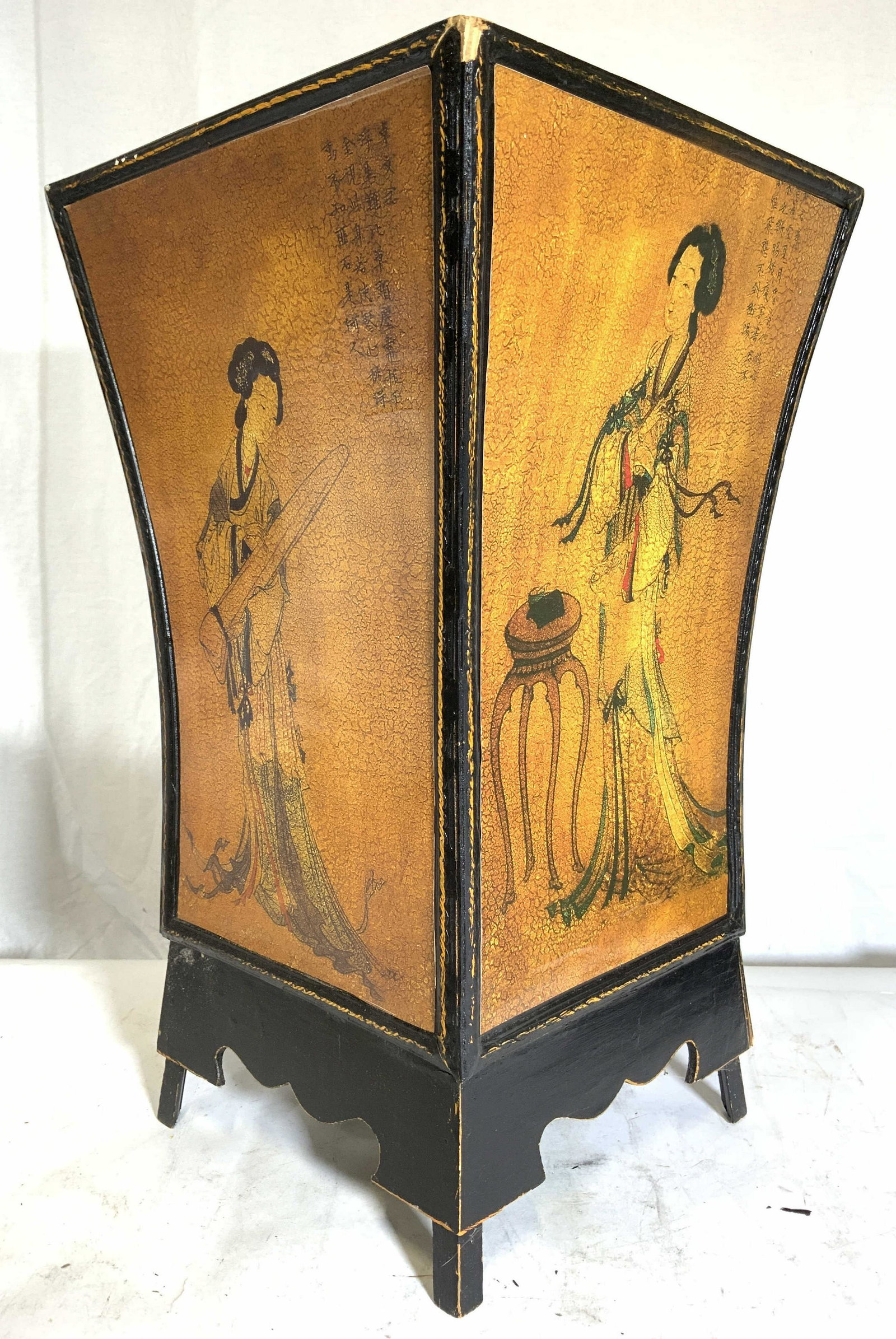Asian Wooden Veneer Footed Vessel: Vessel appears to be wooden possibly veneer. Piece has printed image of female figures and Asian Characters. Piece measures approx 18 inches tall 11 inches square. Vessel, footed vessel, Asian arts an