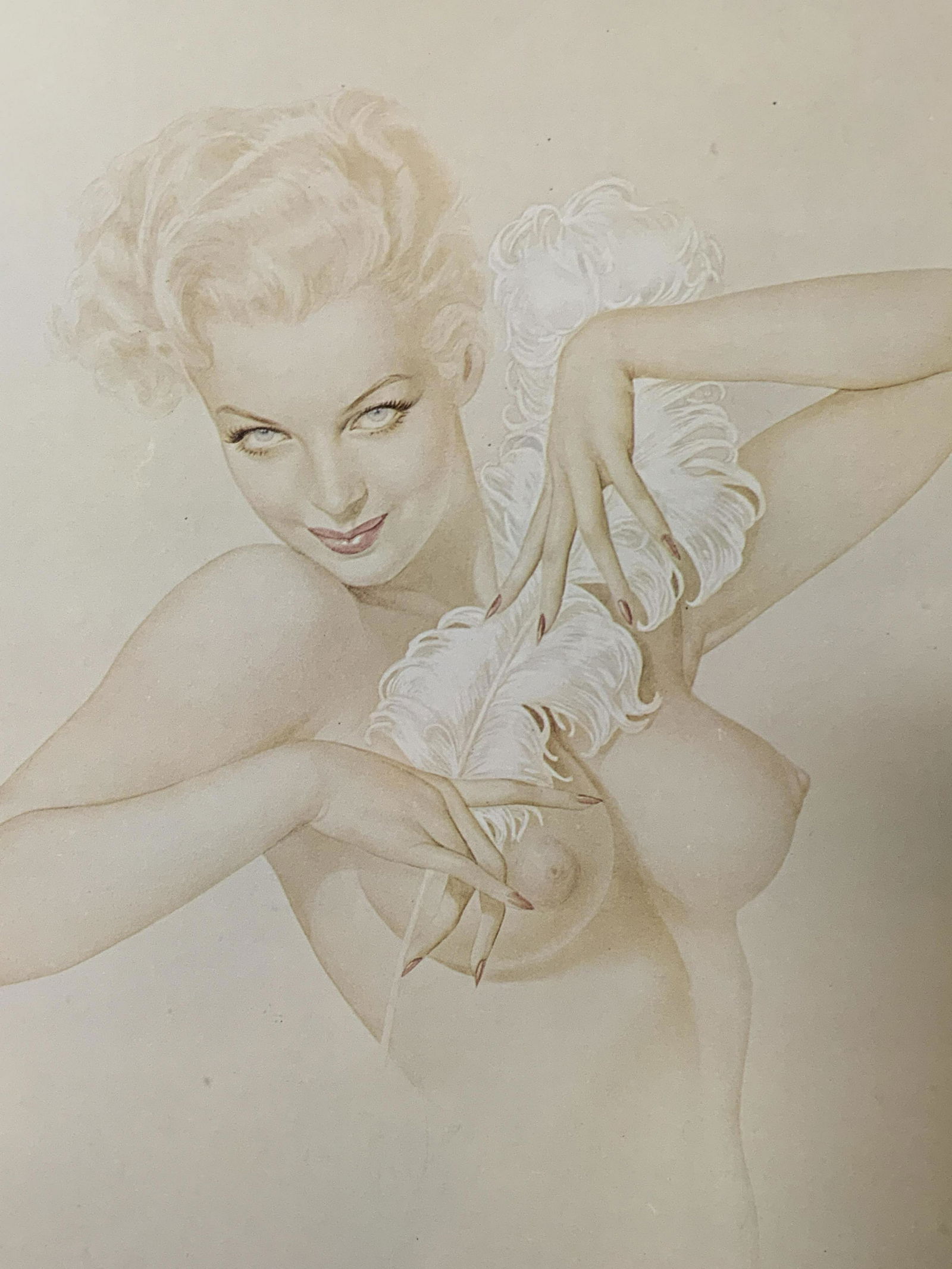 Vintage ALBERTO VARGAS Pin-up Girl Litho & Matting: Vintage Alberto Vargas pin-up girl lithograph and matting, signature and date printed to the lower right corner reads ‘Alberto Vargas 1930’, subject a nude portrait from the wait up of a blonde wo