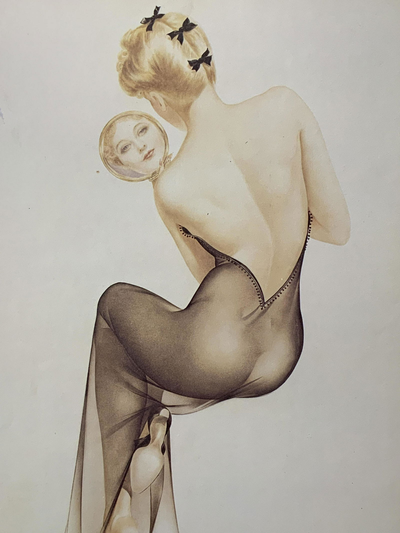 Vintage ALBERTO VARGAS Pin-up Girl Litho & Matting: Vintage Alberto Vargas pin-up girl lithograph and matting, signature printed to the lower right corner reads ‘Vargas’, subject a nude portrait of a blonde woman in heels and a see through dress lo