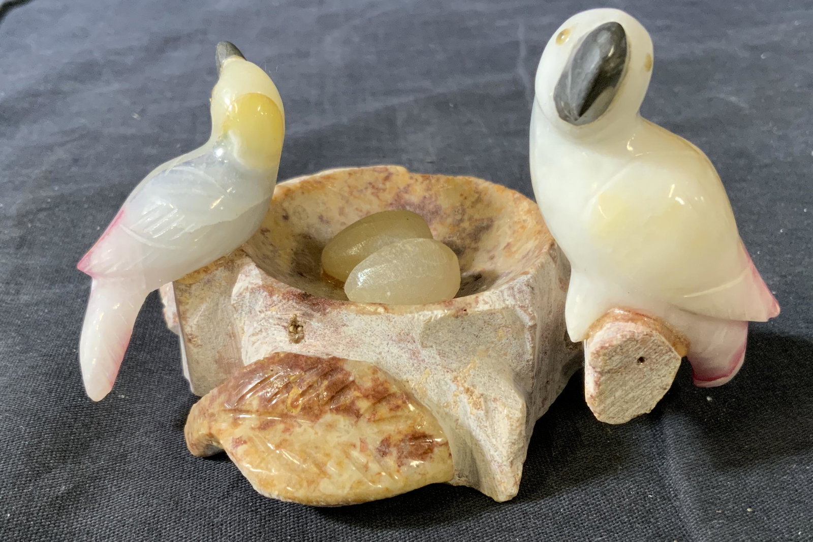 Stone Bird’s Nest Sculpture: Stone Bird’s Nest Sculpture, no apparent inscriptions or marks, measures 2 3/4 inches tall x 4 5/8 inches at widest point, surface wear and chips to stone, Bird, bird figurine, sculpture, artwork, F