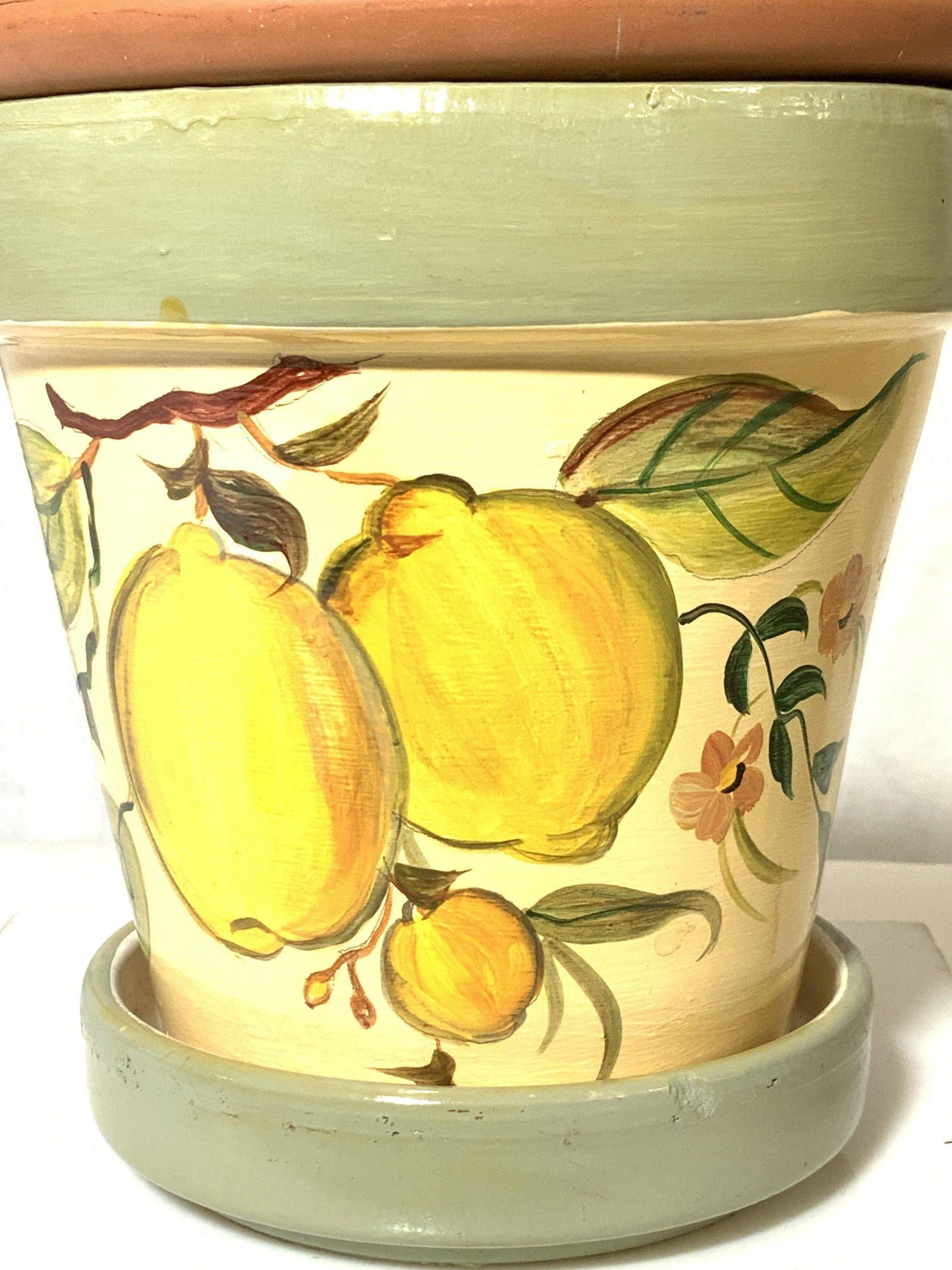 Group 2 Hand Painted & Terra Cotta Planters: Terra Cotta planters, one with decor in relief and fits into the other hand painted terra Cotta planter, with a motif of lemons hanging off a branch, celadon green rims and buttercream background. Dra