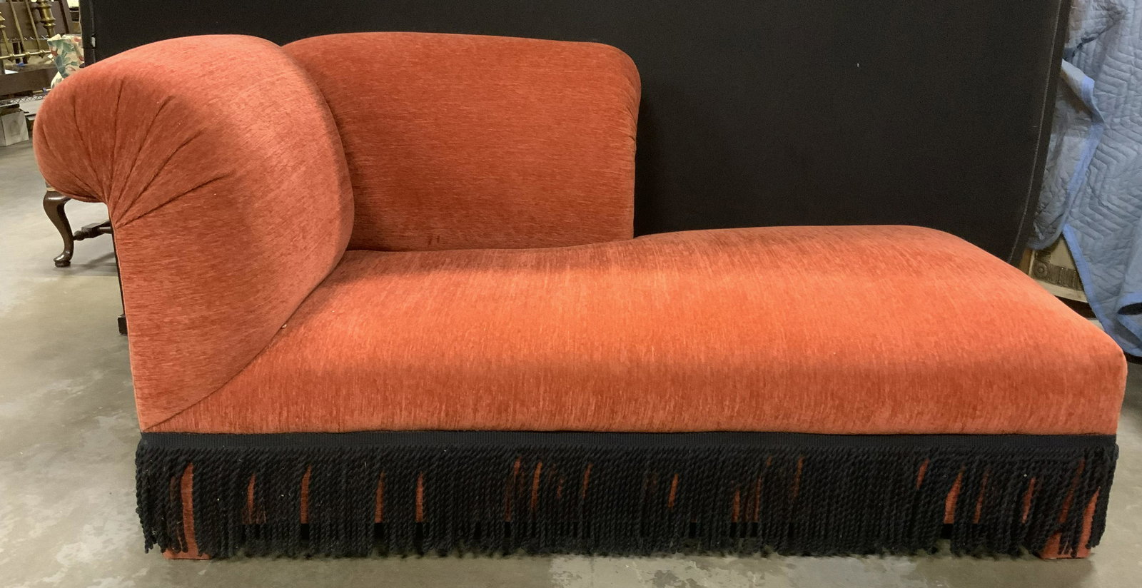 Chenille Chaise Lounge w Twisted Rope Tassels: Chenille upholstered chaise lounges, upholstery is rose toned, trim and rope tassels are black. Rests on four legs, legs are upholstered. Measures approx 31 inches H, 60 inches W, 32 inches deep. In v