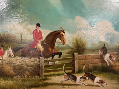 JACK SMITH Signed Oil Painting, Hunting Scene: JACK SMITH Signed Oil on canvas Painting, Hunting Scene, signature to lower left reads ‘Jack Smith’, subject men on horseback and dogs jumping over a fence, measures 27 1/8 x 39 1/4 inches, black