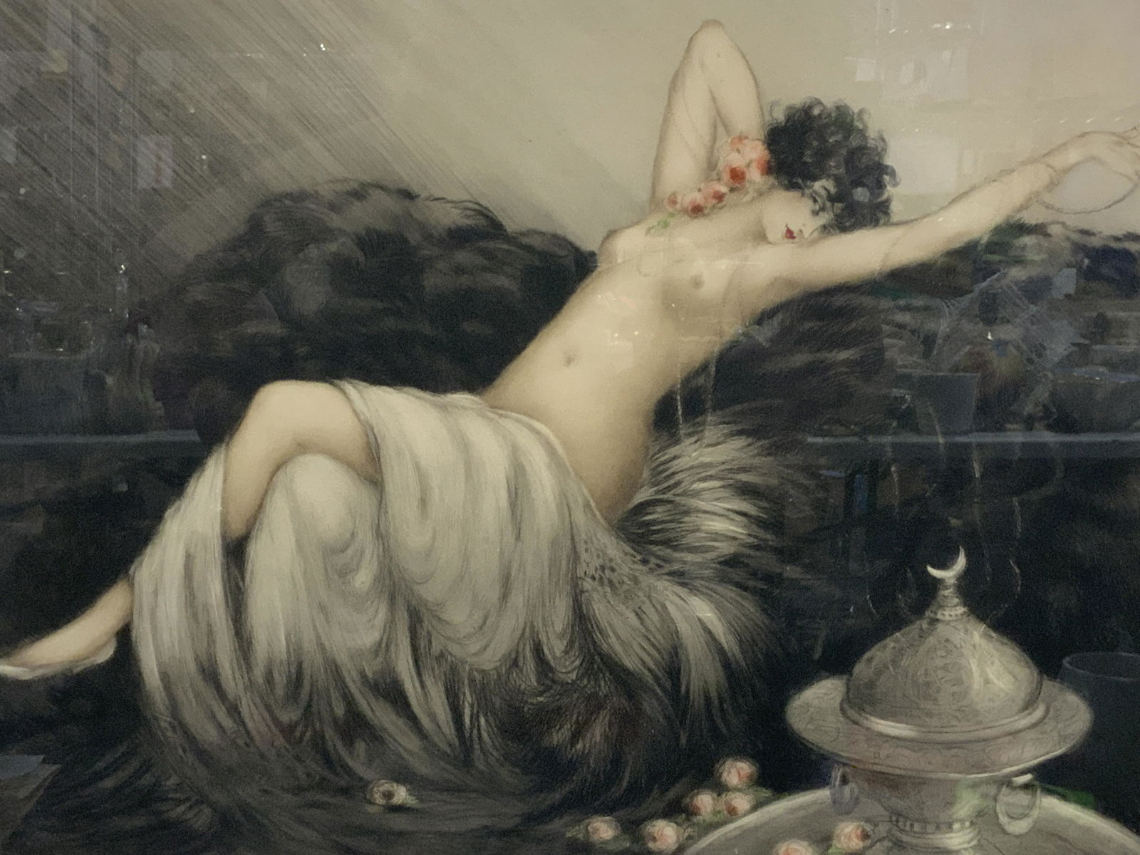 LOUIS ICART Signed Female Nude Lithograph: Louis Icart signed Female Nude Lithograph, signature to the lower right corner reads ‘Louis Icart’, stamp embossed to the lower left corner, text to the upper right corner reads ‘Copyright 1926