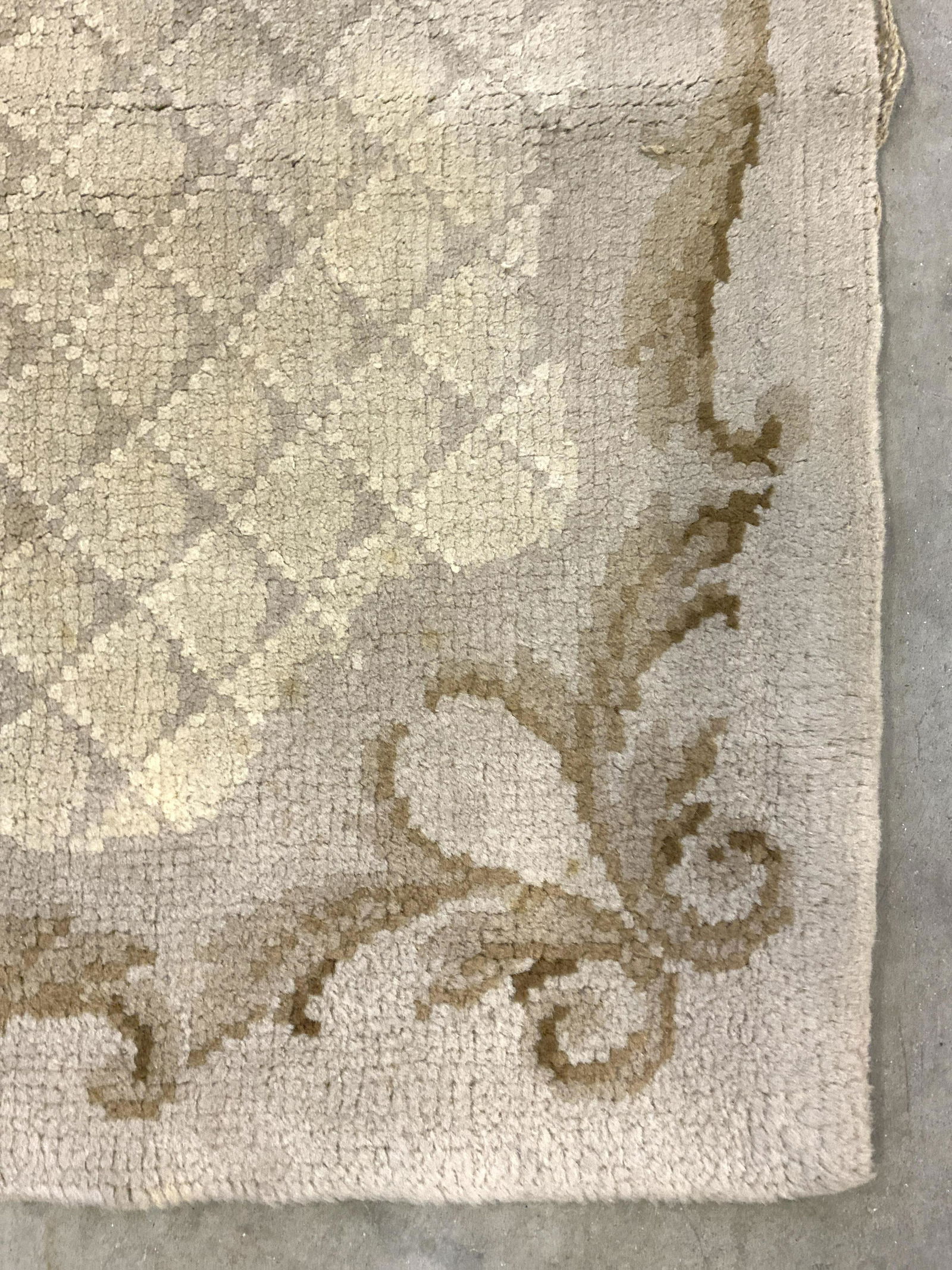 Vintage Handmade Portuguese Wool Pile Rug: Rug is wool pile & appears to handmade. Piece is sand toned with c & s scroll detail. Rug measures approx 81 inches long 51 inches wide. Rug, carpet, wool rug, area rug, handmade, vintage rug, home fu