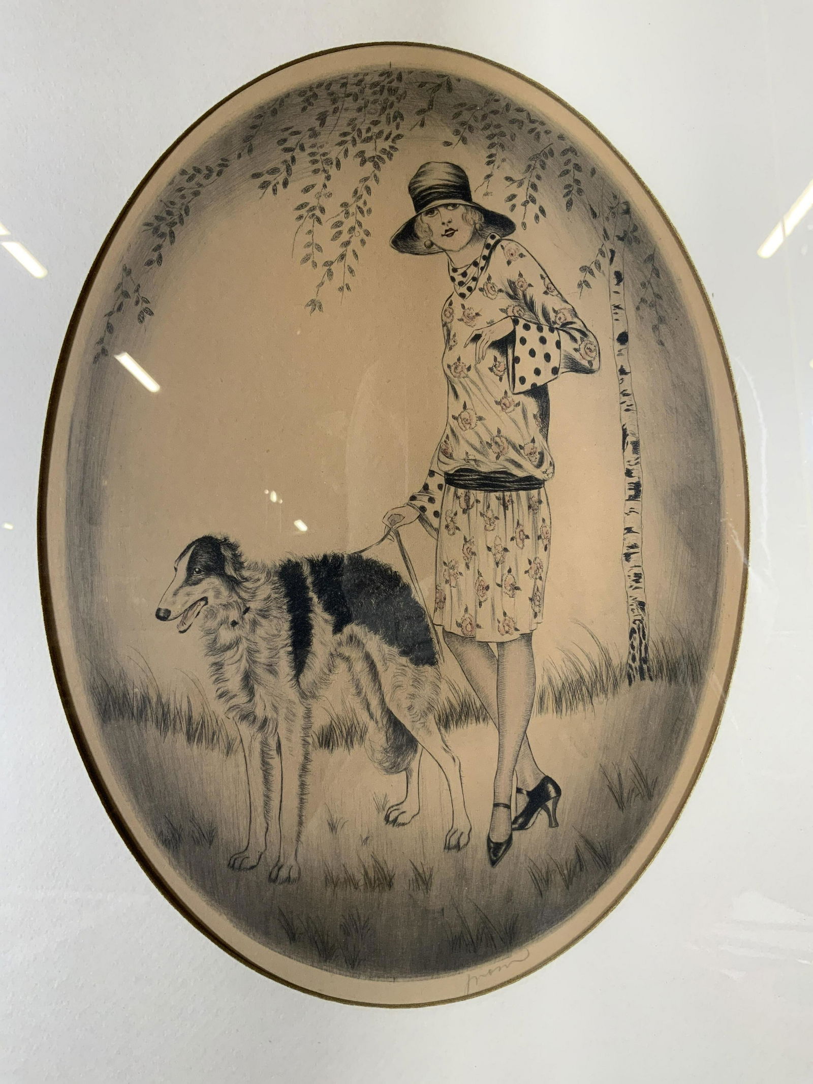 Signed Etching of Woman Walking Dog (1 of 10)