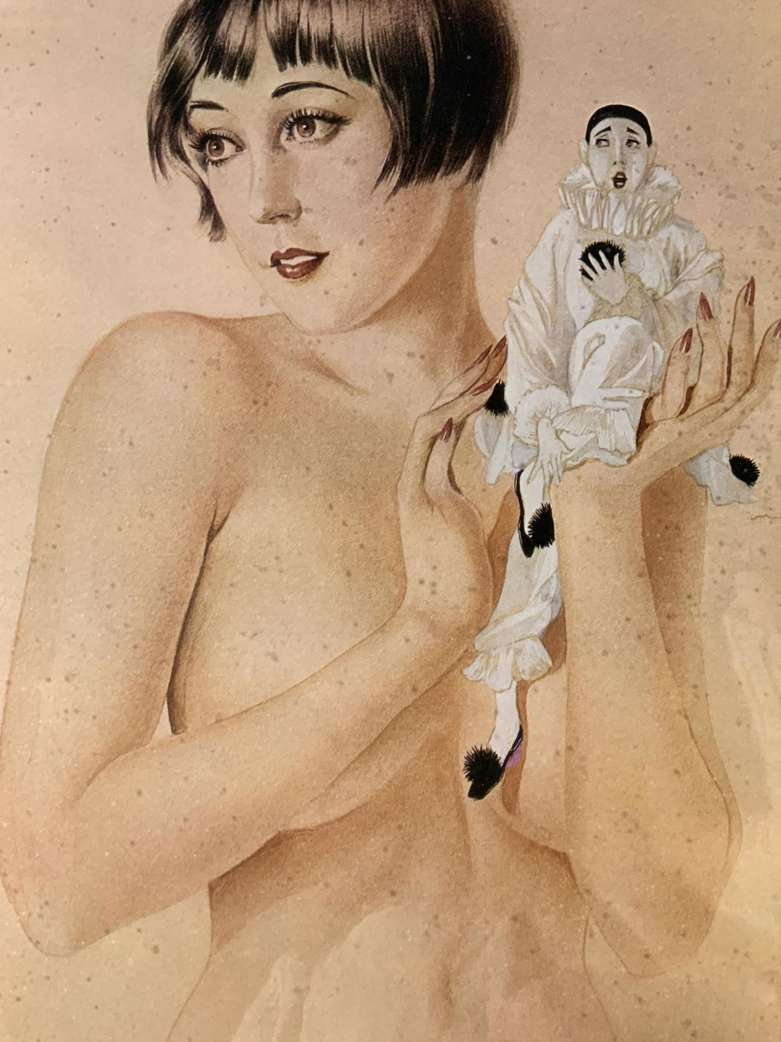 ALBERTO VARGAS Bessie Offset Lithograph: ALBERTO VARGAS Bessie Offset Lithograph, inscription reads ‘Alberto Vargas 1919’, subject a nude woman holding a harlequin, measures 21 1/4 x 17 1/8 inches, gilt wooden frame, surface wear to fram