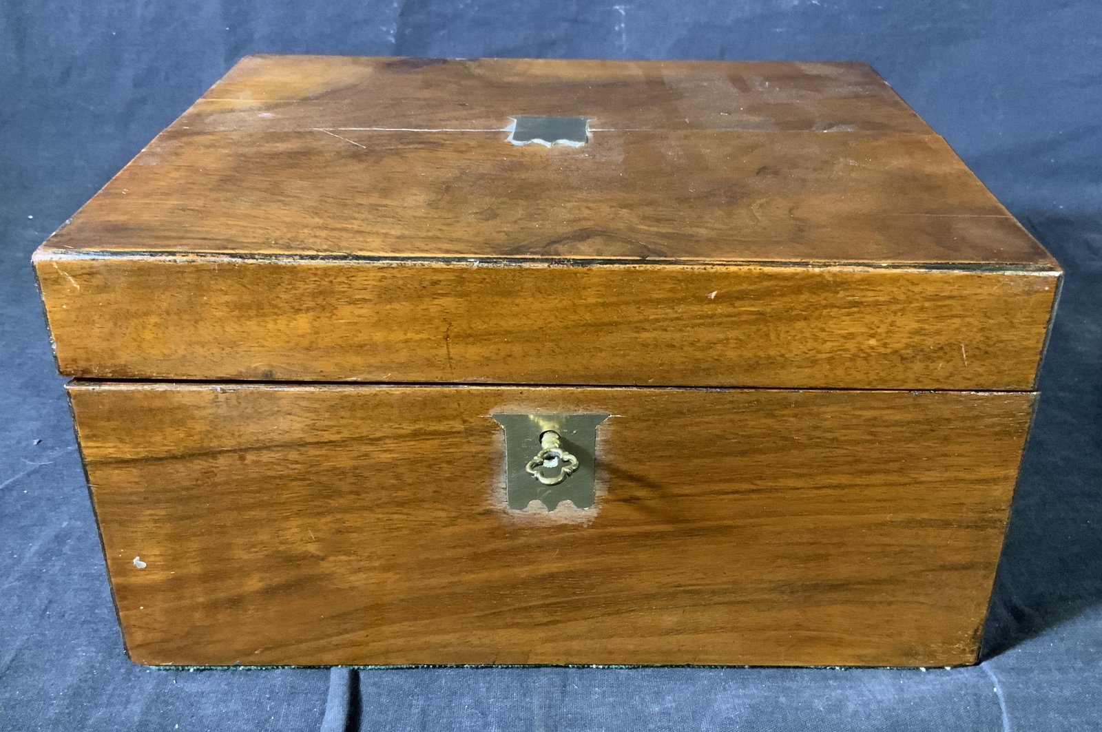 Antique Writing Box with Key: Antique Writing Box with Key, no apparent inscriptions or marks, measures 5 1/2 inches tall x 10 1/4 inches at widest point, surface wear, chips, and cracks to piece, Desk box, writing box, writing sl