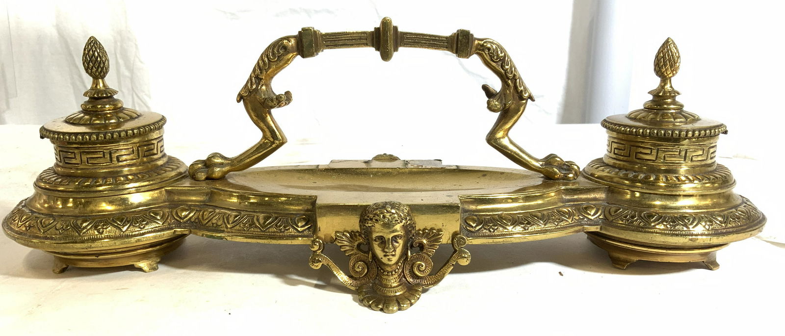 Ornate Gold Toned Footed Brass Inkwell (1 of 10)