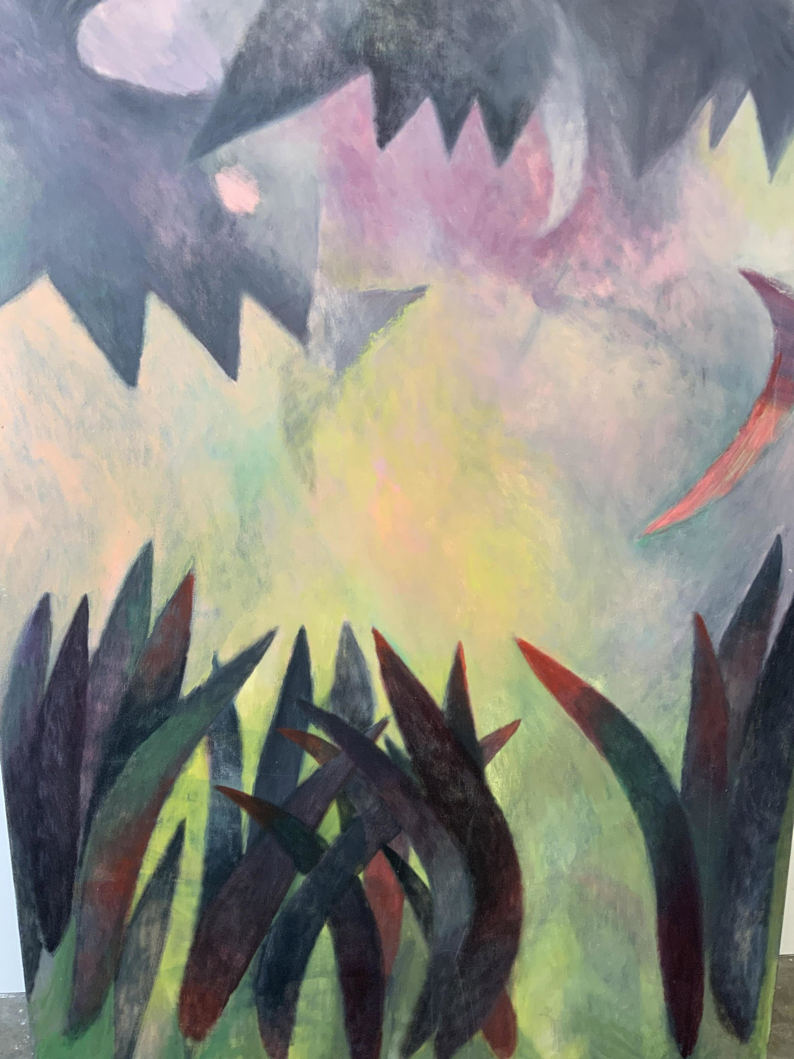 KATHLEEN ARMSTRONG Signed Acrylic On Canvas: Kathleen Armstrong signed acrylic on canvas, signature and text to verso reads ‘Kathleen Armstrong, 87, Kind Night, Rt. Panel’, subject a minimalist scene of greenery, one of two being sold in thi