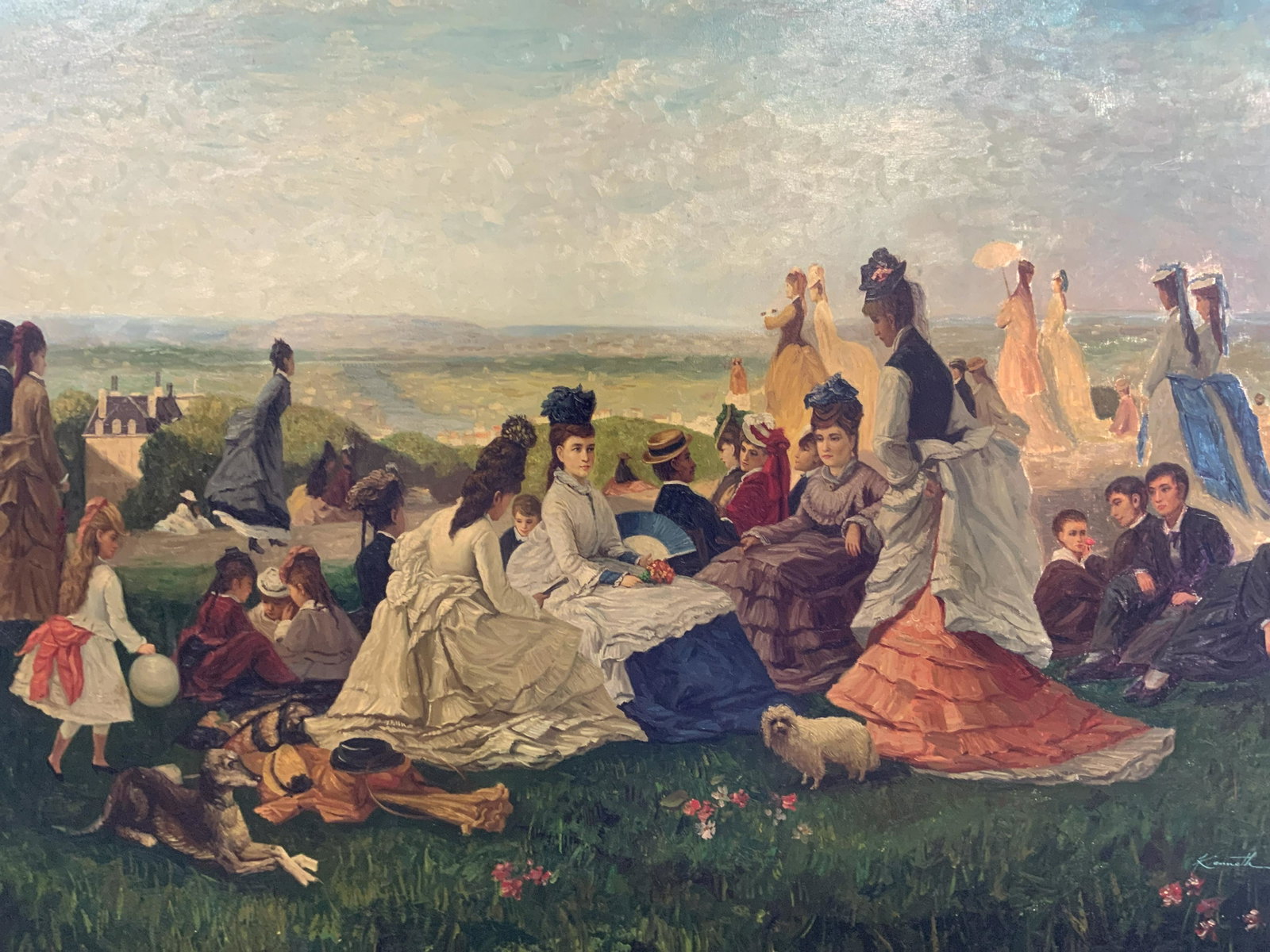 KENNETH Signed Oil Painting Artwork: KENNETH Signed Oil on canvas Painting, signature to lower right reads ‘Kenneth’, inscription to side of canvas reads ‘145 AG Brandon’ and ‘AB00 IFM’, subject figures in a countryside lazin