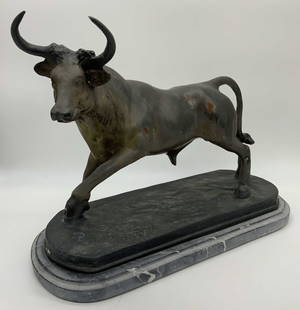 BARYE Signed Metal Bull Sculpture: BARYE signed metal bull sculpture, signature to the front left base of piece reads ‘Barye’ possibly referring to the French artist Alfred Barye, subject a bull standing mid strut with one raised h