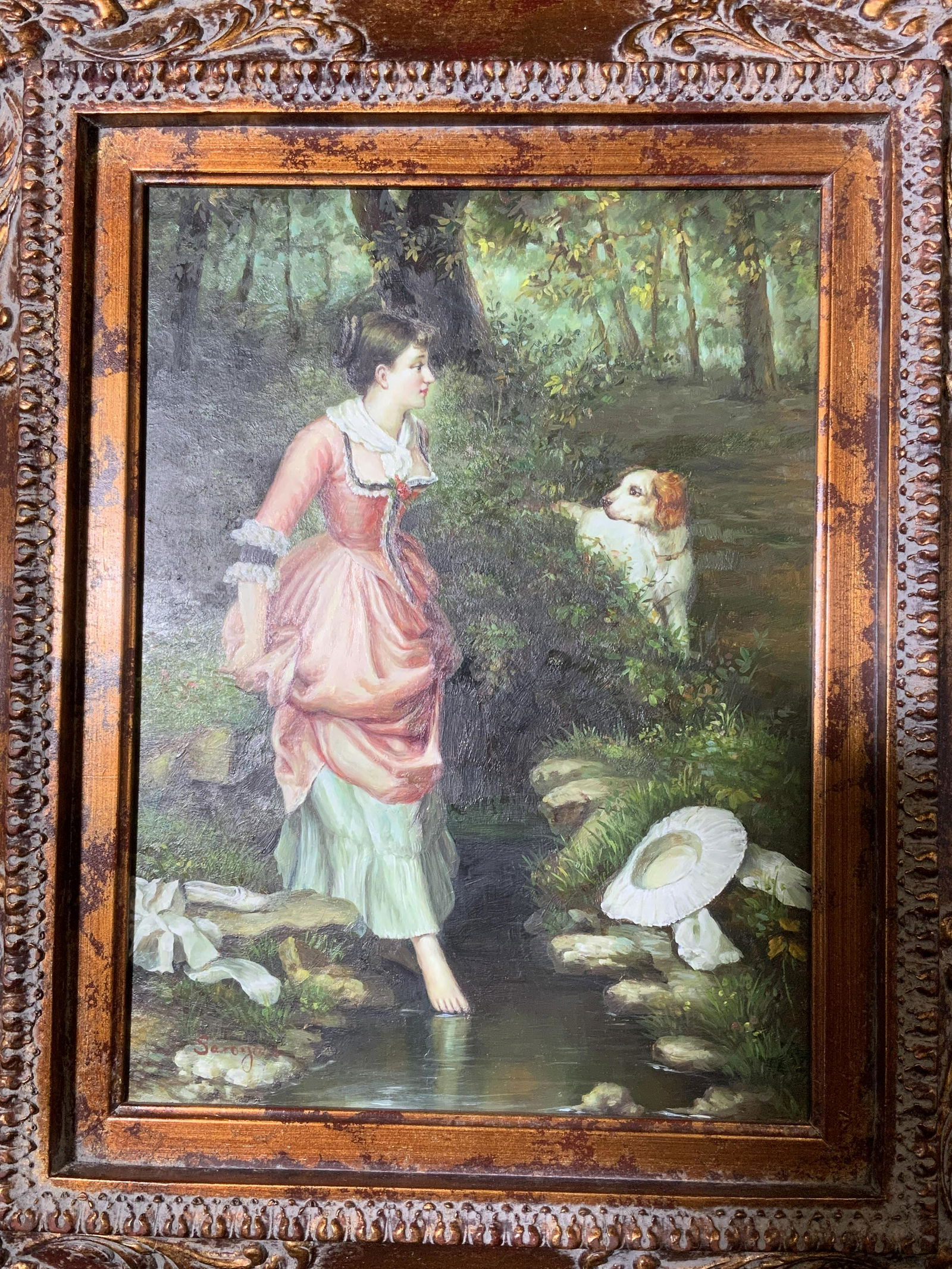 SAROYAN Signed Oil on Board Woman by Creek: Saroyan signed oil on board Woman by Creek, signature to the lower left corner possibly reads ‘Saroyan, subject a woman in 18th century clothing by a creek with a dog, elaborate hand carved gilt woo