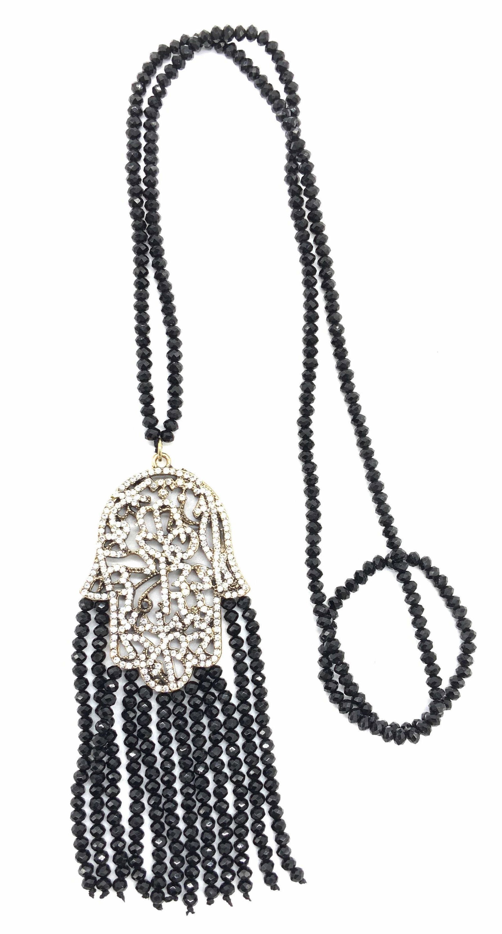 AB Jet Bead HAMSA Pendant Necklace: Long style necklace with faceted rondell beads, 30 in long, diamanté hamsa pendant with rondel tassels, hangs and extra 4.5 in. Costume jewelry, spiritual jewelry, HAMSA Pendant, AB Borealis Jet Bead