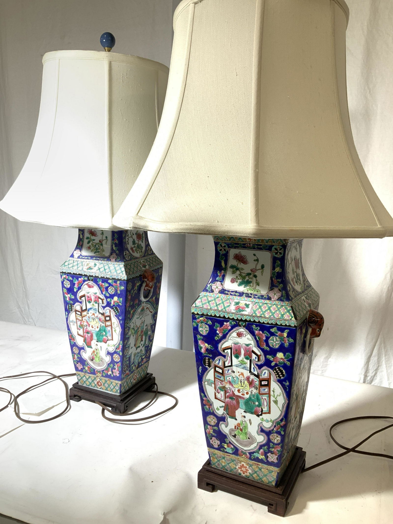 Pair Asian Porcelain Lamps on Asian Wood Stands (1 of 14)