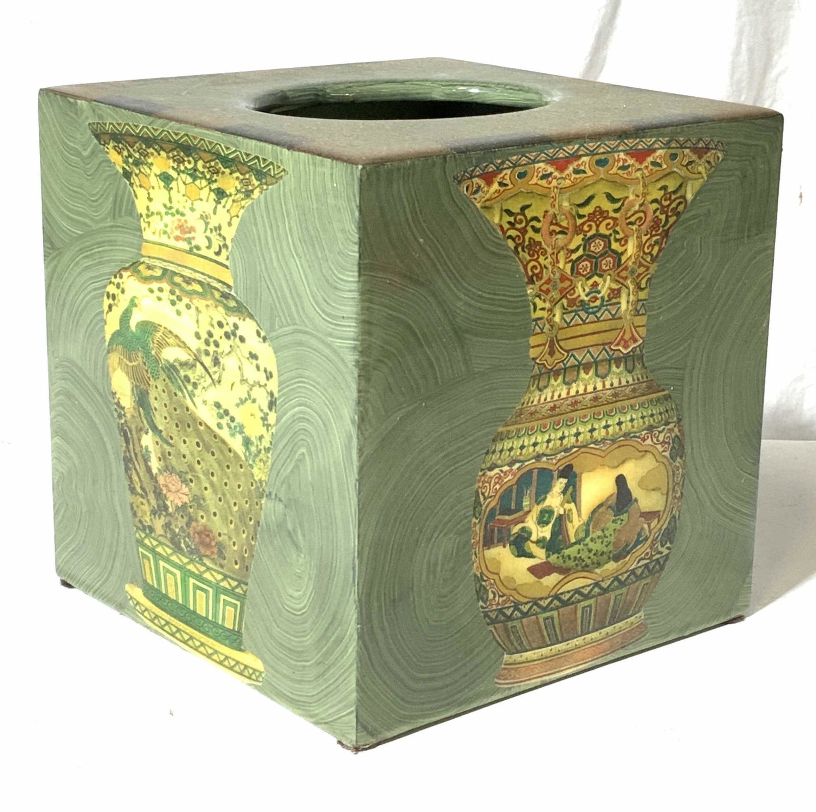 Signed By Artist Annie Monica Lacquered Tissue Box: Topper . Handmade lacquered wood tissue box cover, Annie Monica designs , San Rafael CA ( sticker label on interior) . SIGNED BY ARTIST in marker, inner box with original sticker label. Decor with Van