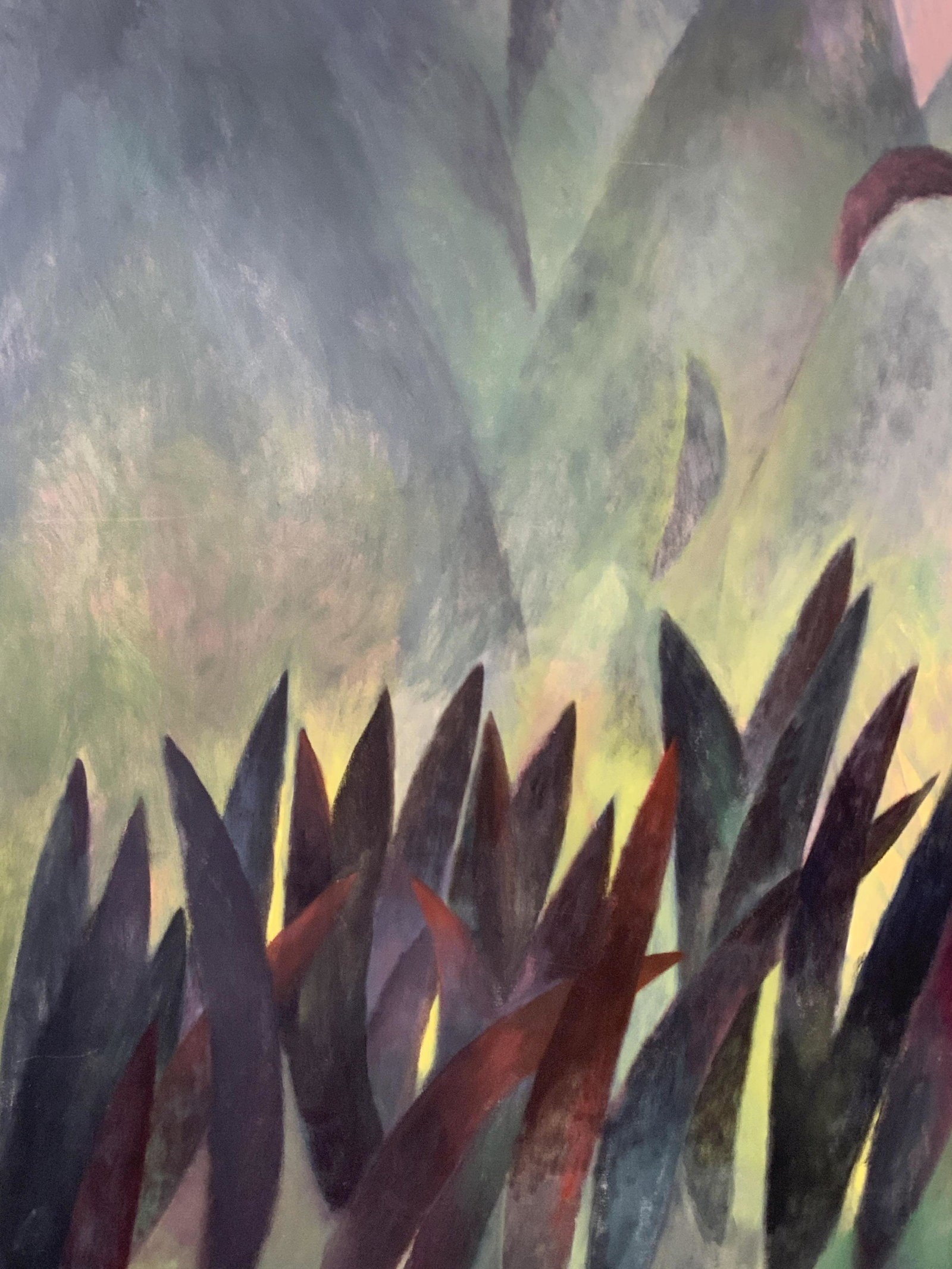 KATHLEEN ARMSTRONG Signed Acrylic on Canvas: Kathleen Armstrong signed acrylic on canvas, signature and text to verso reads ‘Kathleen Armstrong, 87, Kind Night, Left Panel’, subject a minimalist scene of greenery, one of two being sold in th