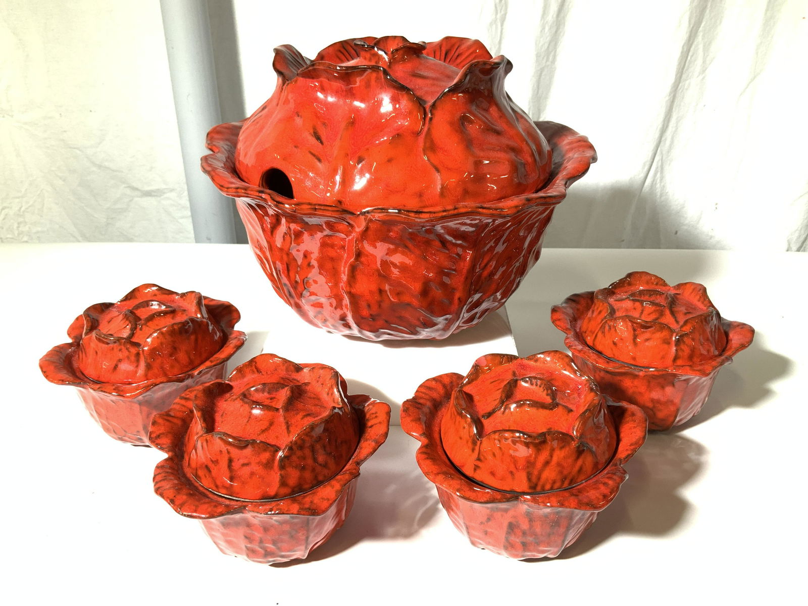 Set 5 Cabbage Form Tureen w Matching Bowls, Italy (1 of 9)