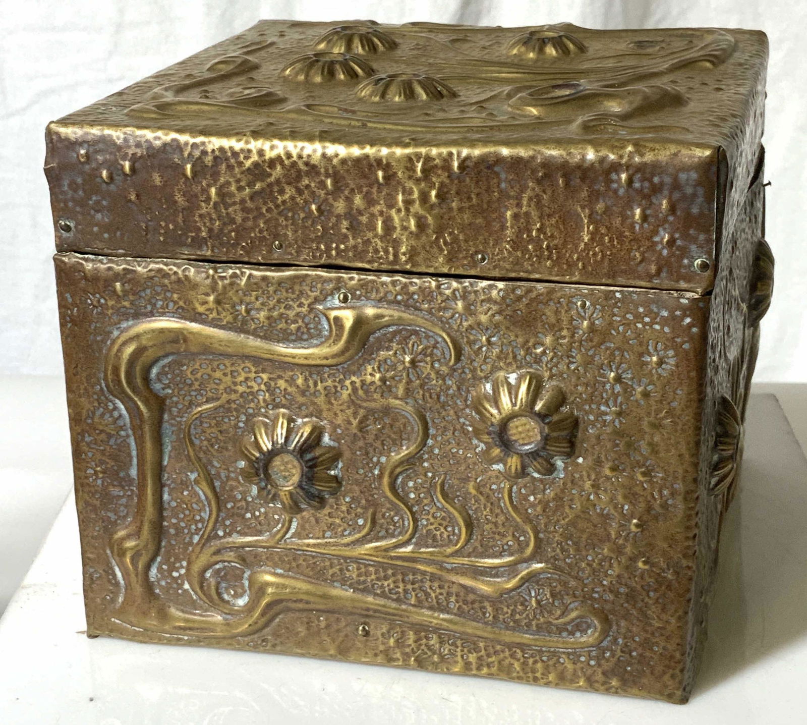 Antique Handmade Wood Box,  Repousse Metal Overlay (1 of 9)