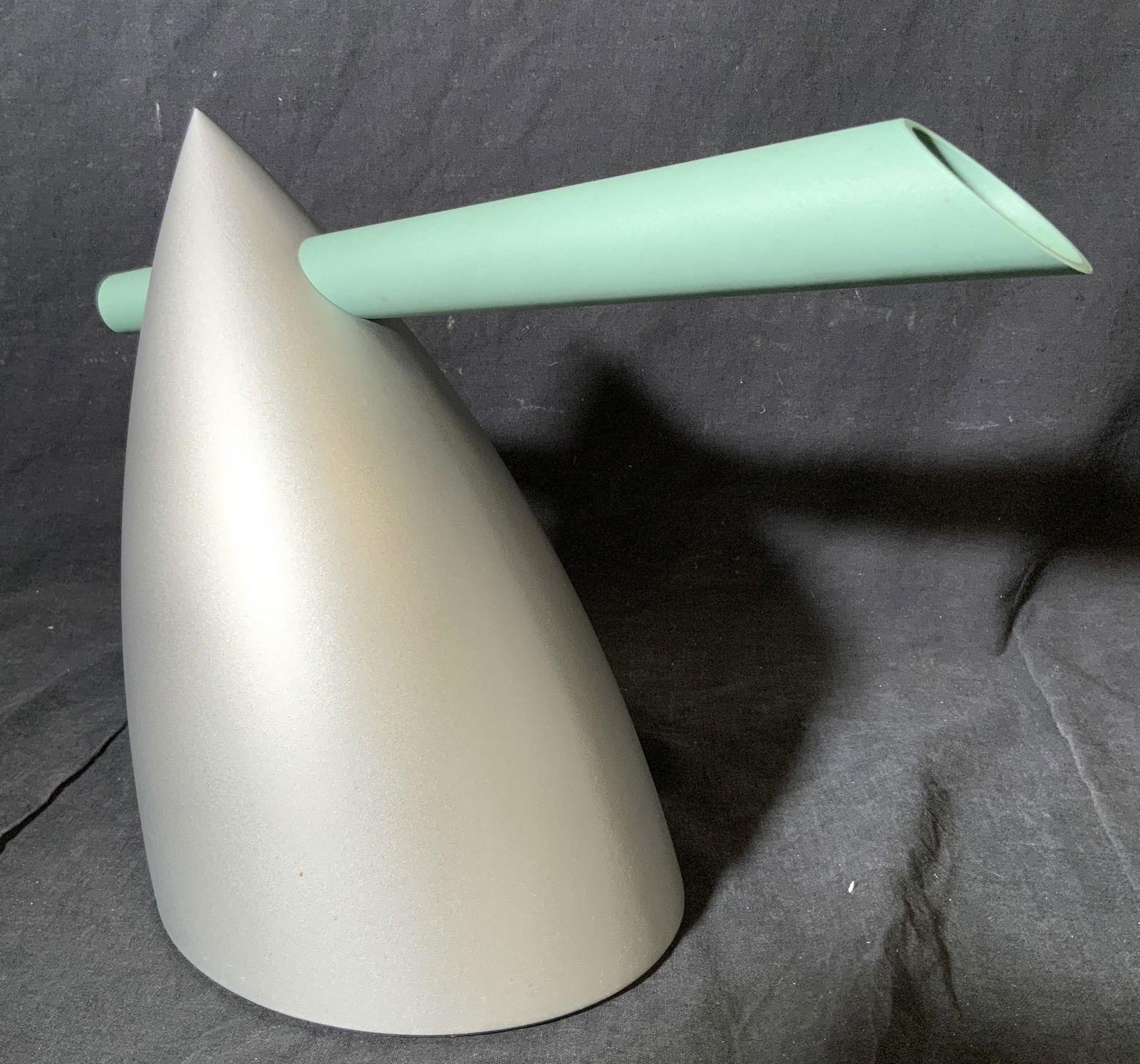 ALESSI ITALY Modern Kettle: Alessi Italy modern kettle, text to underside reads ‘Alessi Italy’, subject a modern futurism styled kettle with a silver chrome composite base in the shape of a cone with a teal cylinder extendin