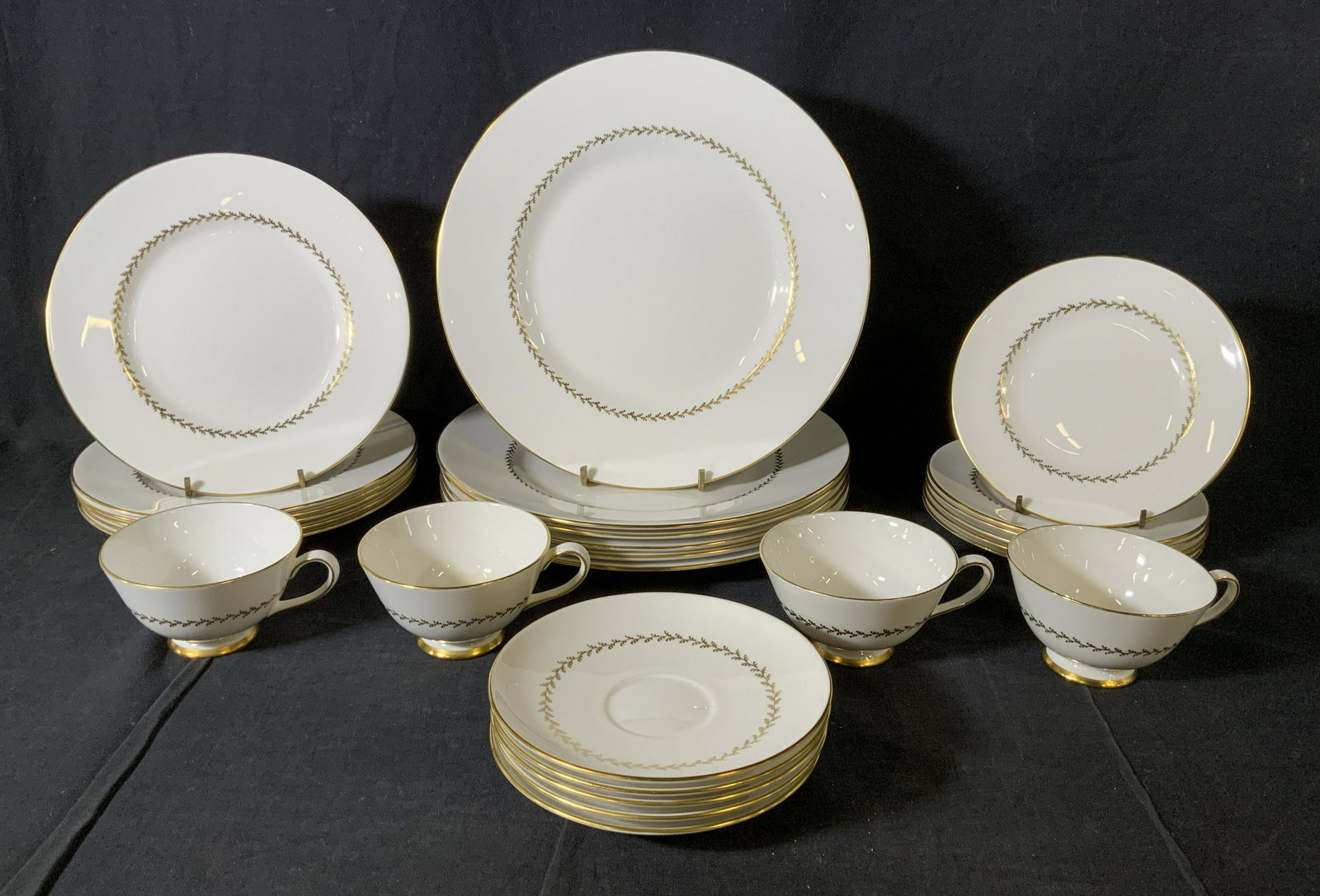 Set 27 ROYAL TUSCAN Bone China Dinnerware Teacups: Set 27 ROYAL TUSCAN Bone China Dinnerware Teacups, stamp reads ‘Royal Tuscan Made in England Fine Bone China Golden Fern Member of the Wedgwood Group’, teacup measures 2 1/4 inches tall x 4 5/8 in