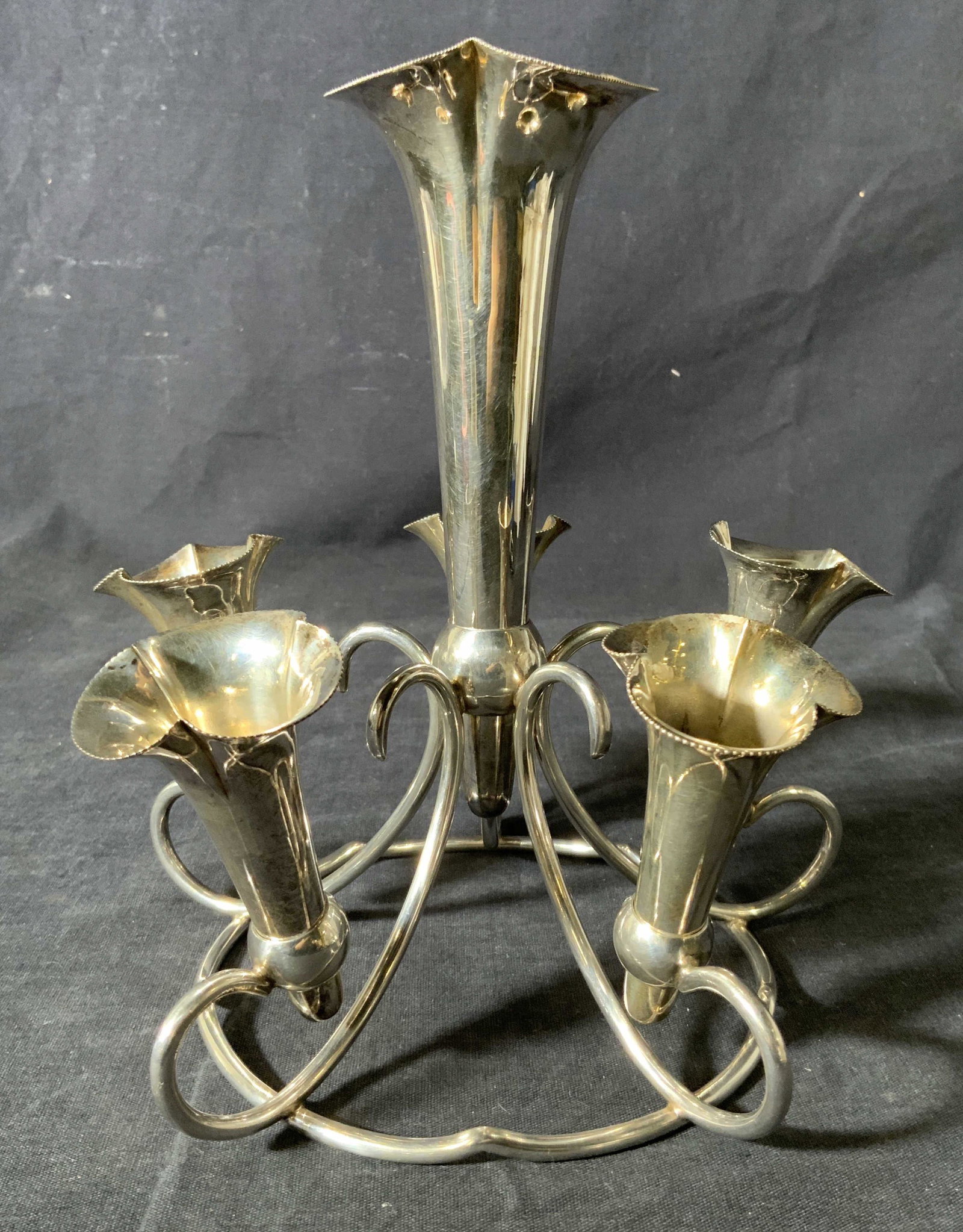 Metal Epergne Centerpiece: Metal Epergne Centerpiece, no apparent inscriptions or marks, piece has removable vessels to hold flowers, measures 7 5/8 inches tall x 7 1/8 inches in diameter, surface wear and tarnishing to piece, 
