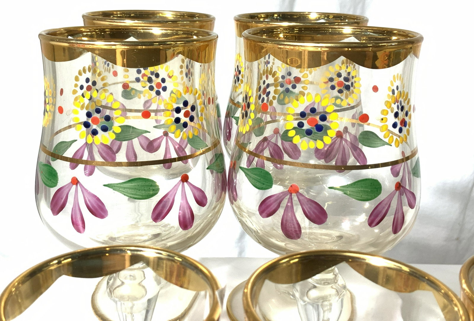 ARCOROC France Hand Painted Luxe Glassware 8: Glass stemware, gilt and hand painted florals, French Provincial Decor , Set 4 flutes, Set 4 goblets. Goblet 6.5 in ht, flutes 6.75 in ht. Hallmarked ARCOROC France on underside. Property of Upper Eas
