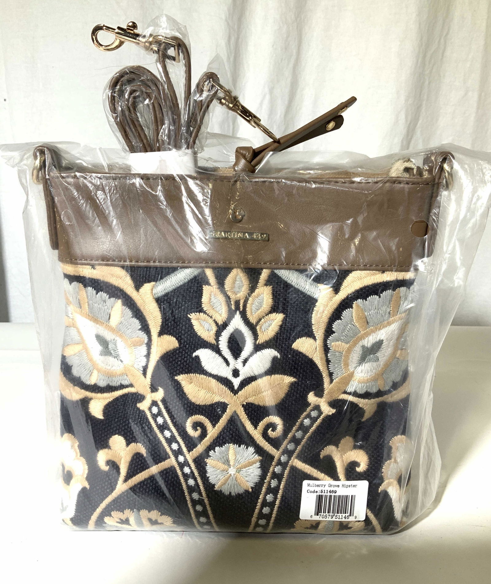 Never Opened SPARTINA449 Hipster Bag: In original packaging, never opened, Embroidered linen and leather SPARTINA449 Mulberry Grove Hipster Cross body bag, signed, exterior zipper pocket, bag 9x 9 in. Accessories Newley wrapped inside bag