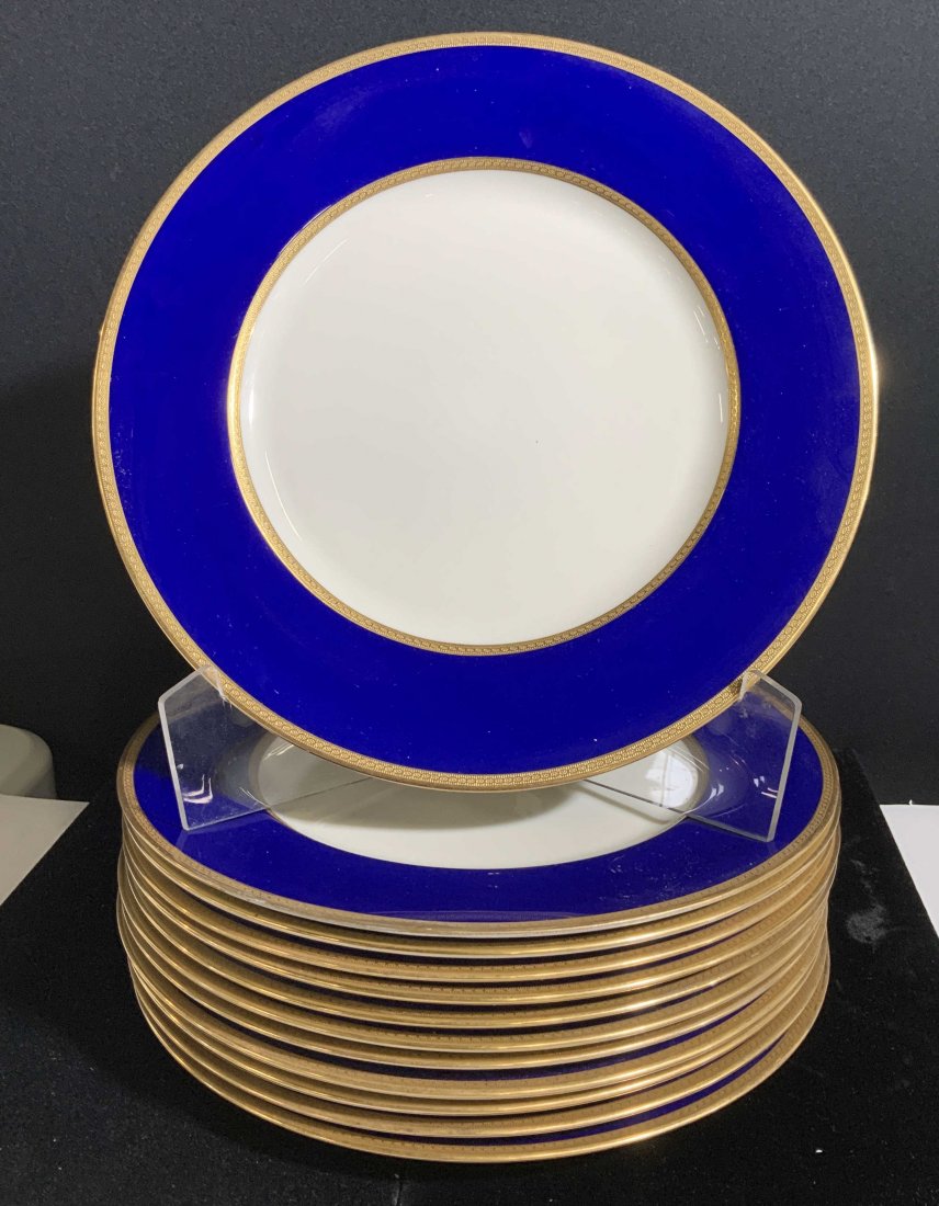 Lenox for J.E. Caldwell & Co Set 12 Dinner Plates: Luxury Dinner plates with a raised gilt inner and outer rim cobalt blue border. Each plate numbered ( 1830/S.7.B) by hand and stamped ‘LENOX SPECIALLY MADE FOR J.E.CALDWELL & CO. PHILADELPHIA’ 10.