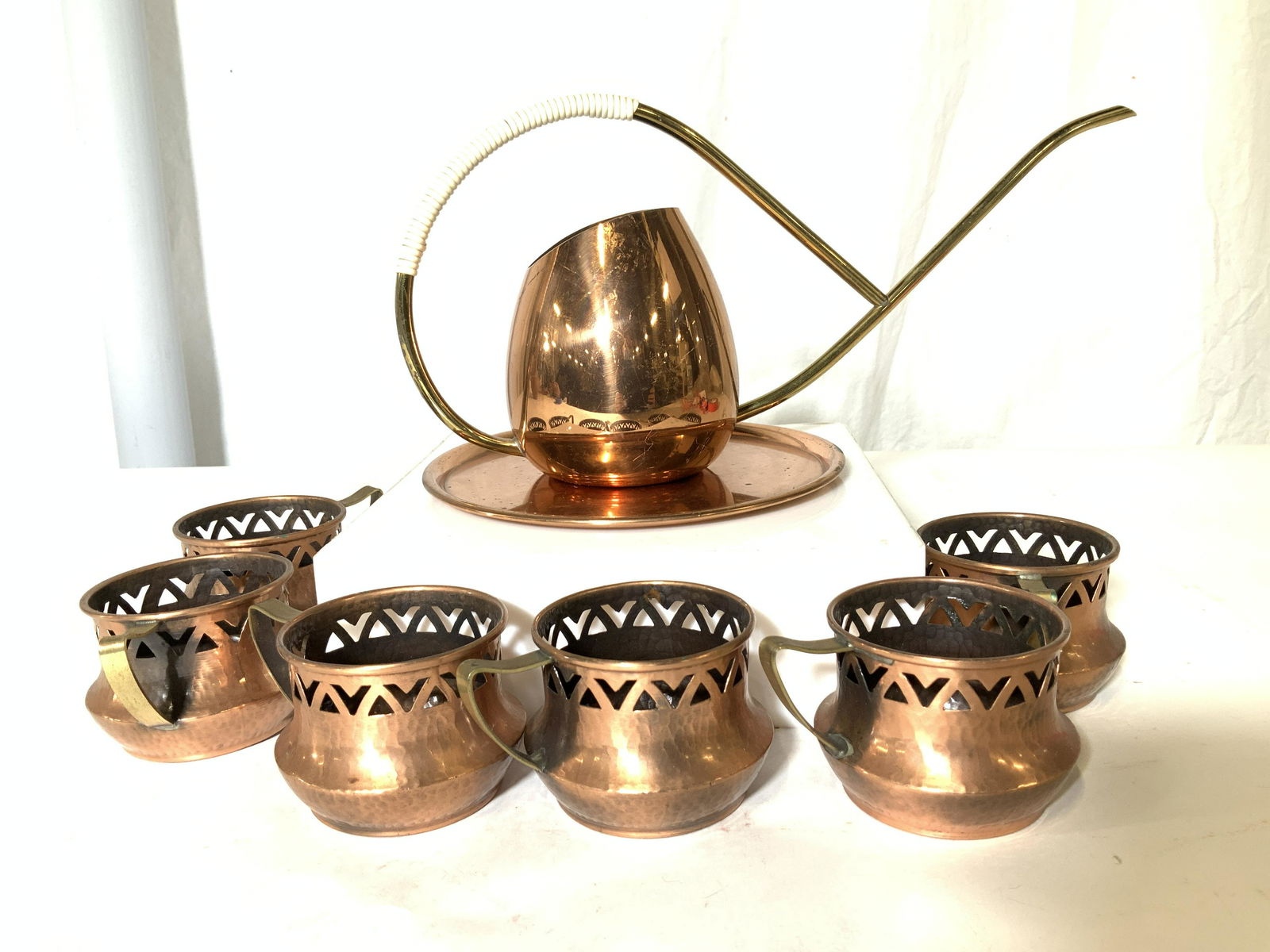 Lot 8 Vntg Collectible Israeli Copper Teapot/ Cups (1 of 7)