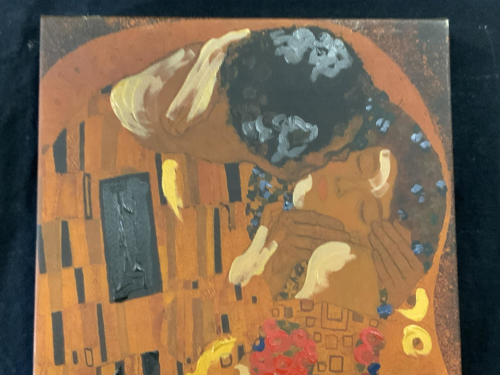 Print on Canvas of Gustav KlimtÂ’s The Kiss: Print on canvas of Gustav KlimtÂ’s The Kiss, piece printed on a rectangular canvas with acrylic paint accents added to the surface, subject a print of KlimtÂ’s masterwork The Kiss, not framed, e