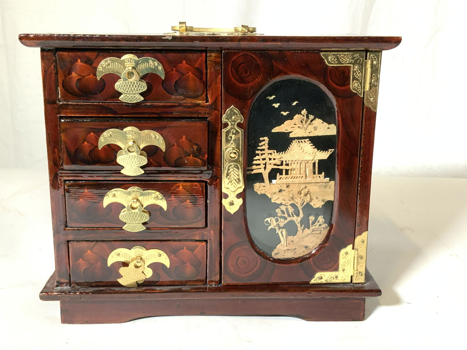 Chinese Lacquer Jewelry Box Brass Etched Handles (1 of 9)