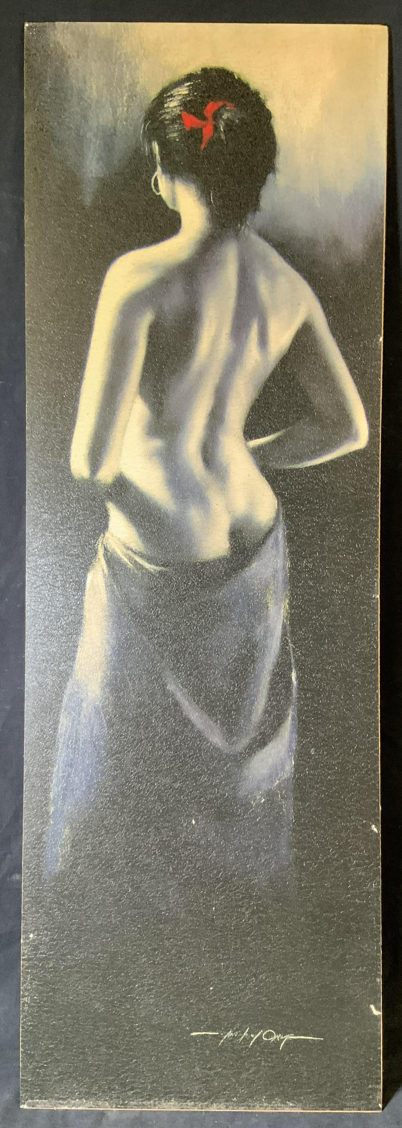 E ANTHONY ORME Offset Lithograph,art: E ANTHONY ORME Offset Lithograph on Masonite, inscription to lower right reads ‘Anthony Orme’, subject a woman partially wrapped in a cloth, measures 36 x 12 inches, losses and surfaced wear to pi