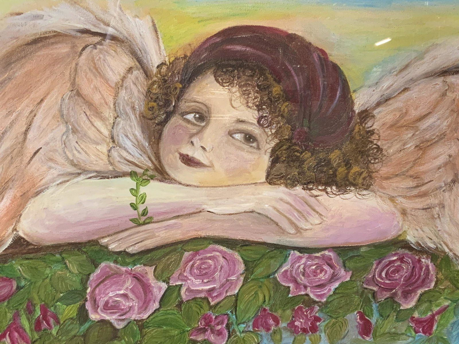 Signed Acrylic on Canvas Board 2006: Signed acrylic on canvas board 2006, signature and date to the lower right corner possibly reads ‘Tina Cortese 2006’, subject a little girl with wings and a burgundy handkerchief wrapped in her ha