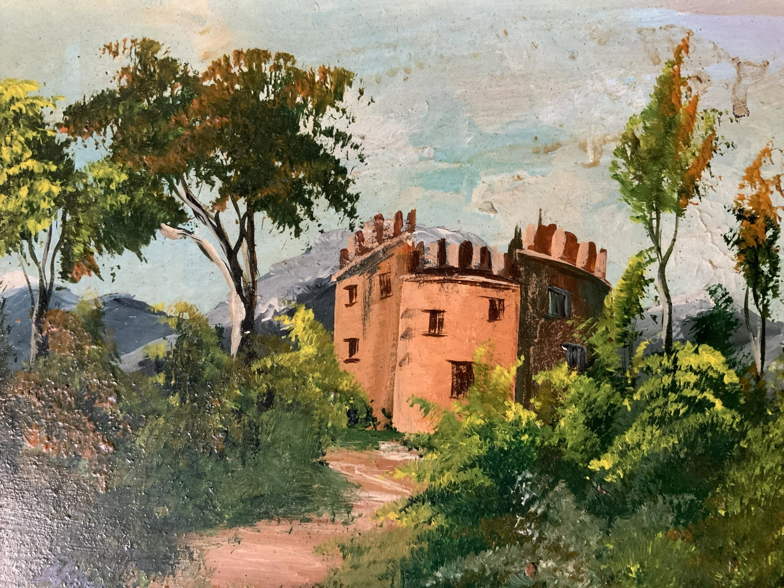 MOY Signed Landscape Oil Painting Artwork: MOY Signed oil on canvas board painting, signature to lower left ‘MOY’, stamp to reverse reads ‘them 37 13/613 5x7 Made in Taiwan’, subject a landscape with a house, measures 10 1/8 x 12 1/8 i