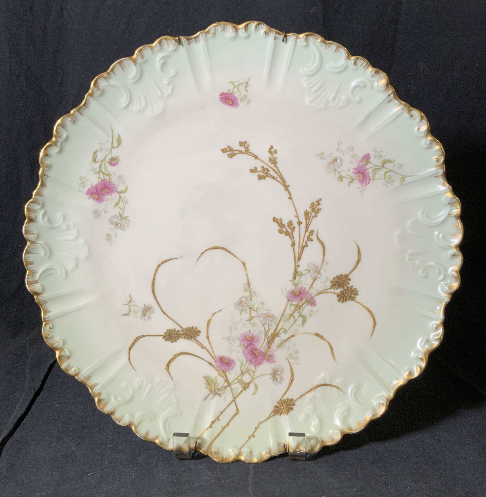 Antique LIMOGES FRANCE Porcelain Plate: Antique LIMOGES FRANCE Porcelain Plate, stamp reads ‘Limoges France AK CD France’, measures 13 5/8 inches in diameter, surface wear to piece, Antique, Limoges France, porcelain, plate, dishes, dec