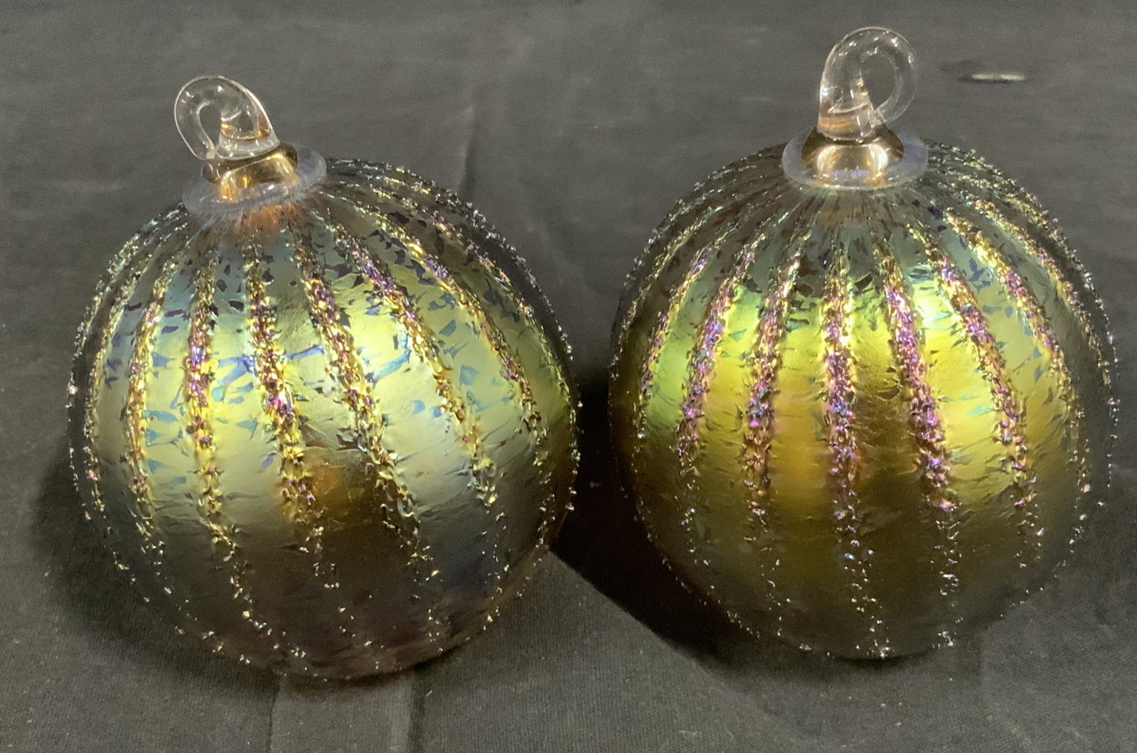 2 Hudson Beach Glass Christmas Ornaments: 2 Hudson Beach Glass Christmas ornaments, two are titled Golden Frit with the title tag to the underside of each box, brand label stamp to the top of each box reads ‘The Artful Home, The Guild’, e