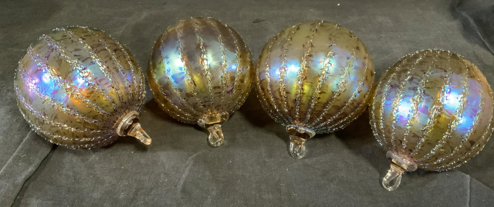 4 Hudson Beach Glass Christmas Ornaments: 4 Hudson Beach Glass Christmas ornaments, four are titled Golden Frit with the title tag to the underside of each box, brand label stamp to the top of each box reads ‘The Artful Home, The Guild’, 