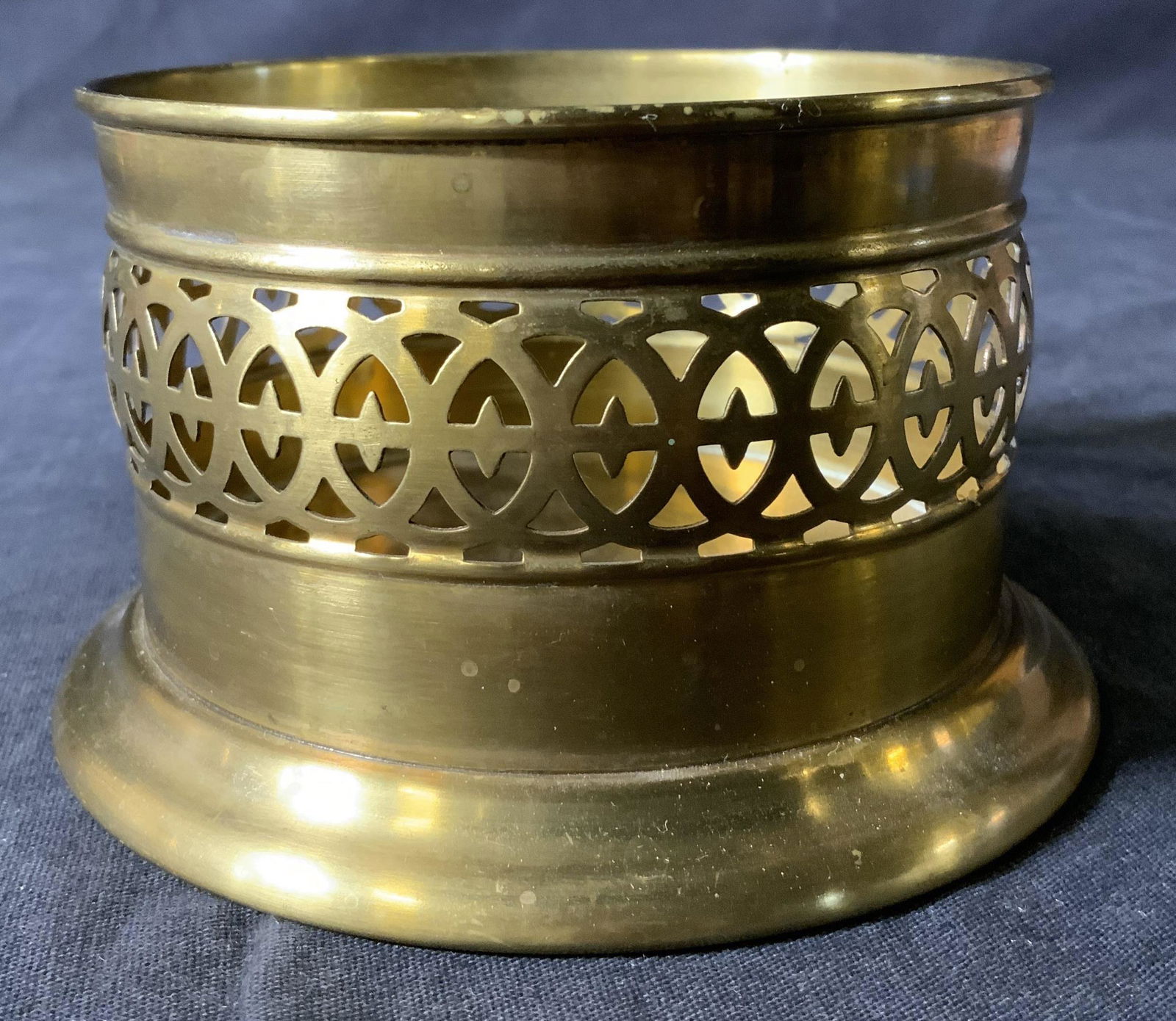 Brass Wine Coaster: Brass Wine Coaster, eagle shaped mark to base, measures 2 5/8 inches tall x 4 5/8 inches in diameter, surface wear to piece, Wine coaster, coaster, decorative arts, tabletop accessory, tableware, home