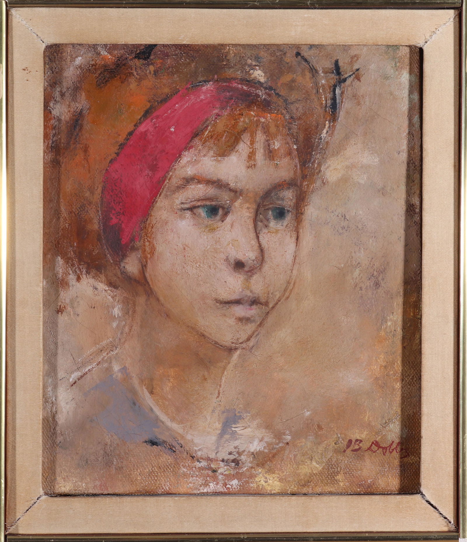 Signed Dobbs "Girl in Red Headband" Oil on Canvas (1 of 5)