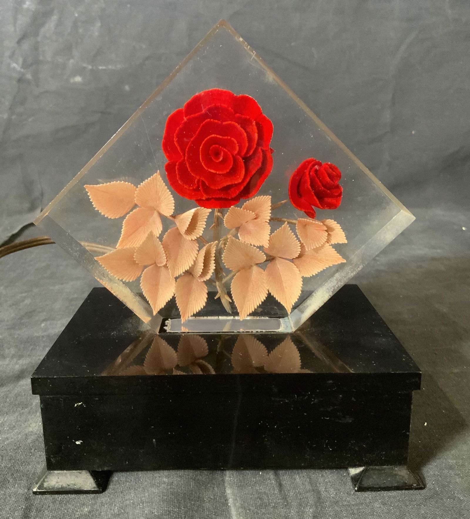 Rose in Resin Light Sculpture: Rose in Resin Light Sculpture, no apparent inscriptions or marks, measures 6 1/8 inches tall x 5 1/2 inches at widest point, surface wear to piece, not tested for functionality Lighting, night light,