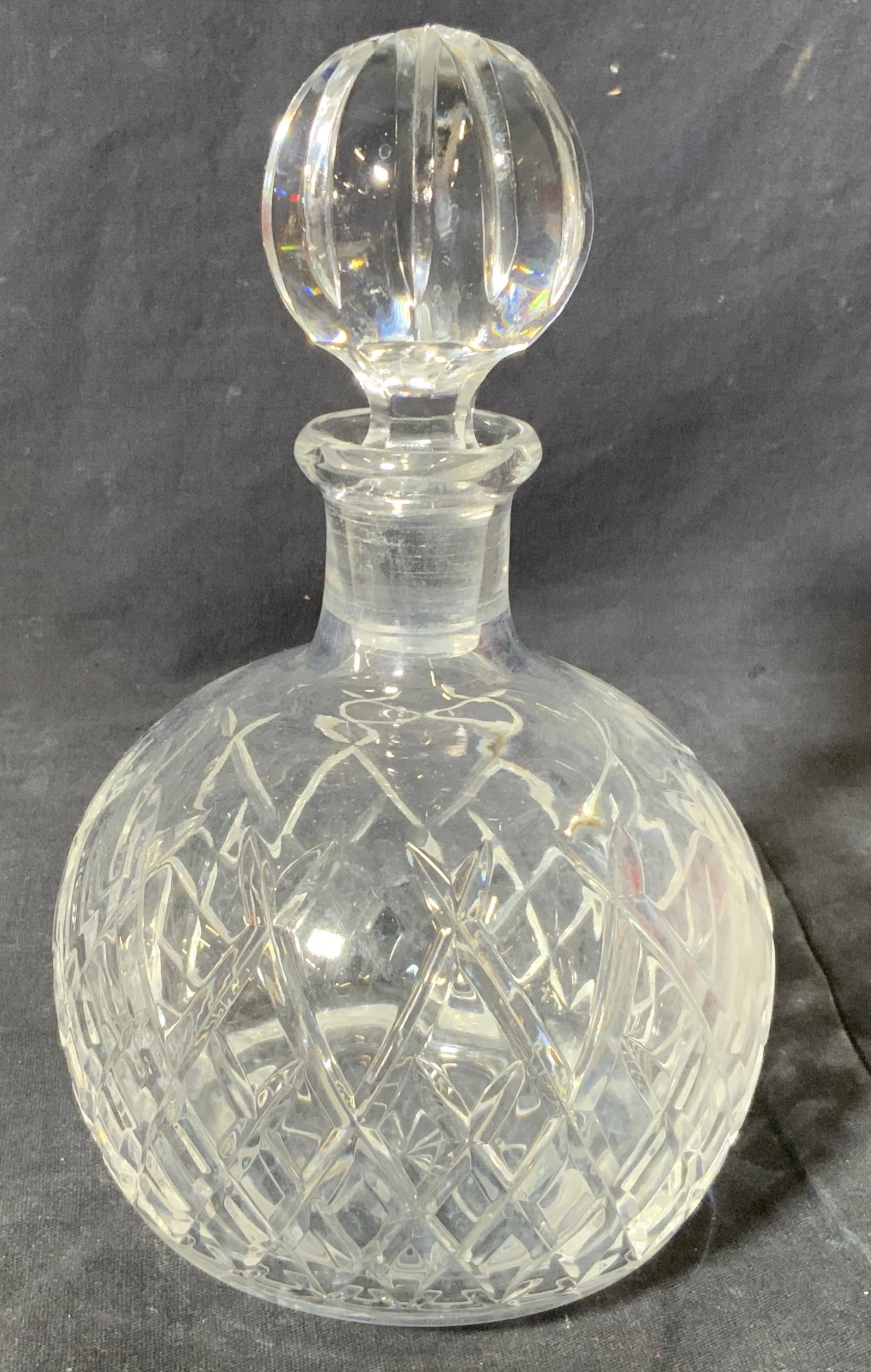 Glass Orb Decanter, Barware: Glass Orb Decanter, no apparent inscriptions or markings, hand carved cross patch designs to surface with orb stopper to top, piece measures approximately 8 inches at tallest point, Glass decanter, de