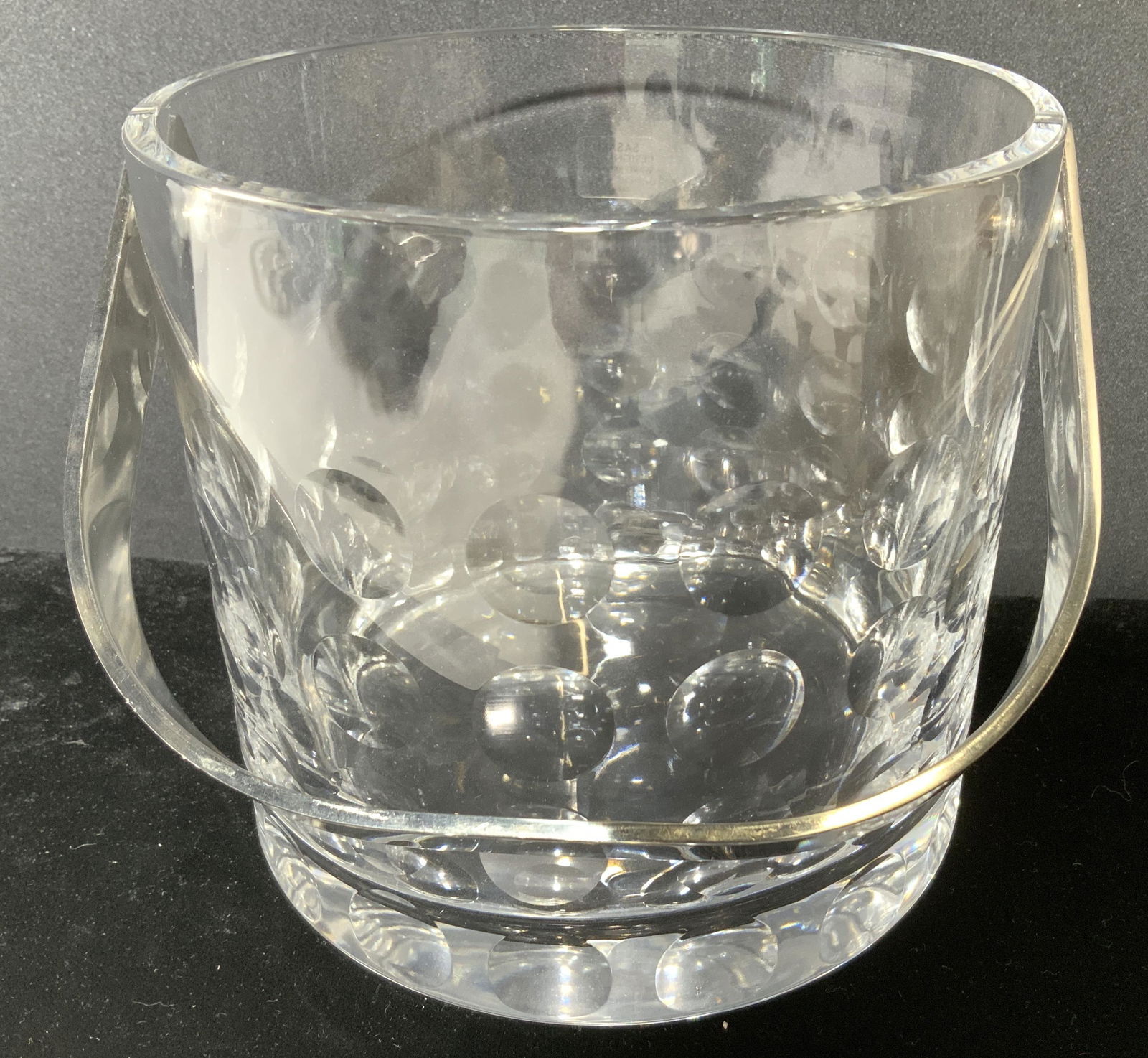 SASAKI Crystal Ice Cube Bucket, Japan: Polka dot design Clear Lead Crystal ice bucket with metal handle, original sticker label reads SASAKI Designed by WARD BENNETT 24% Lead Crystal Japan. Thick walled. Art Deco and minimalist, 5.5 in dia