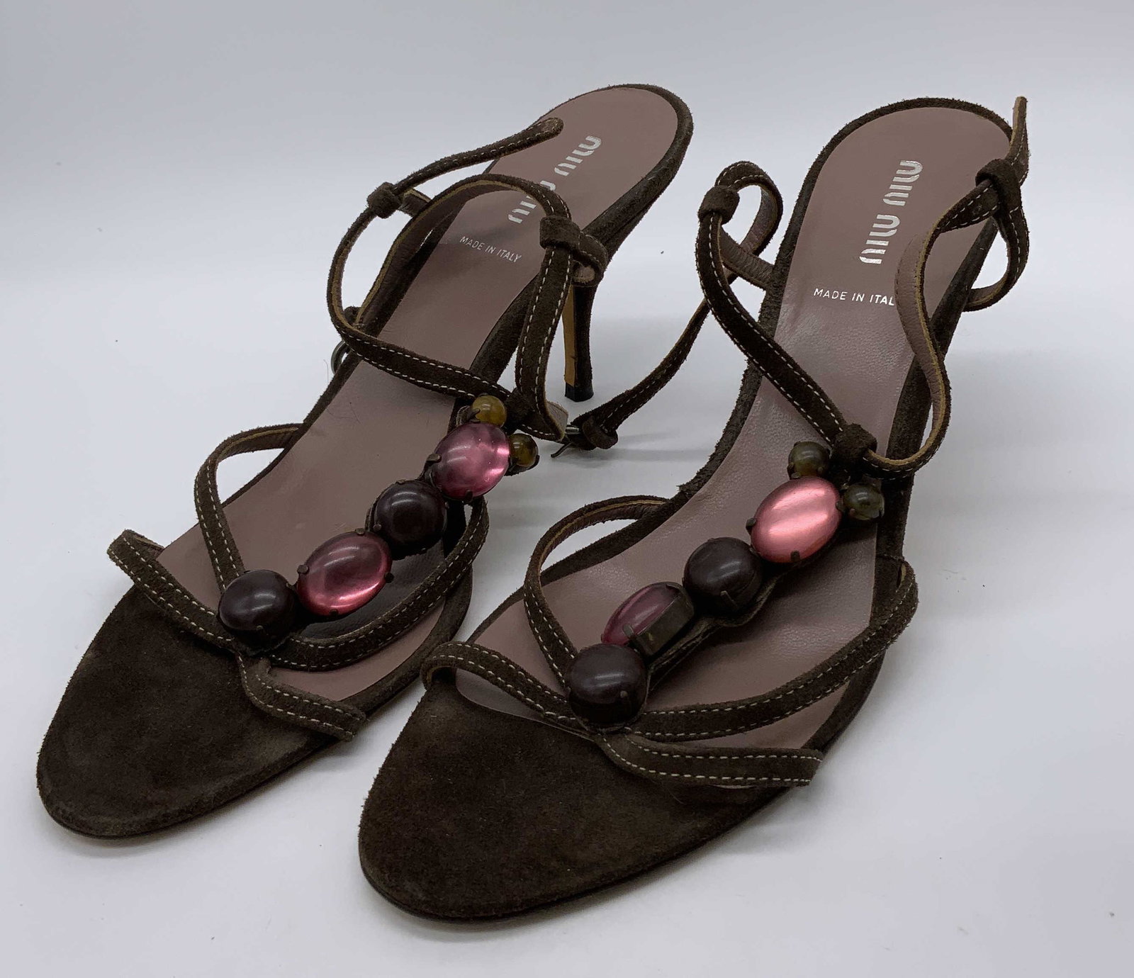 MIU MIU Jeweled Heeled Sandals: MIU MIU Jeweled Heeled Sandals, inscriptions read ‘MIU MIU Made in Italy 40 Vero Cuoio’, height of heel: 3 inches, surface wear to heels, Miu MIU, heeled sandal, open toe sandal, high heels, women