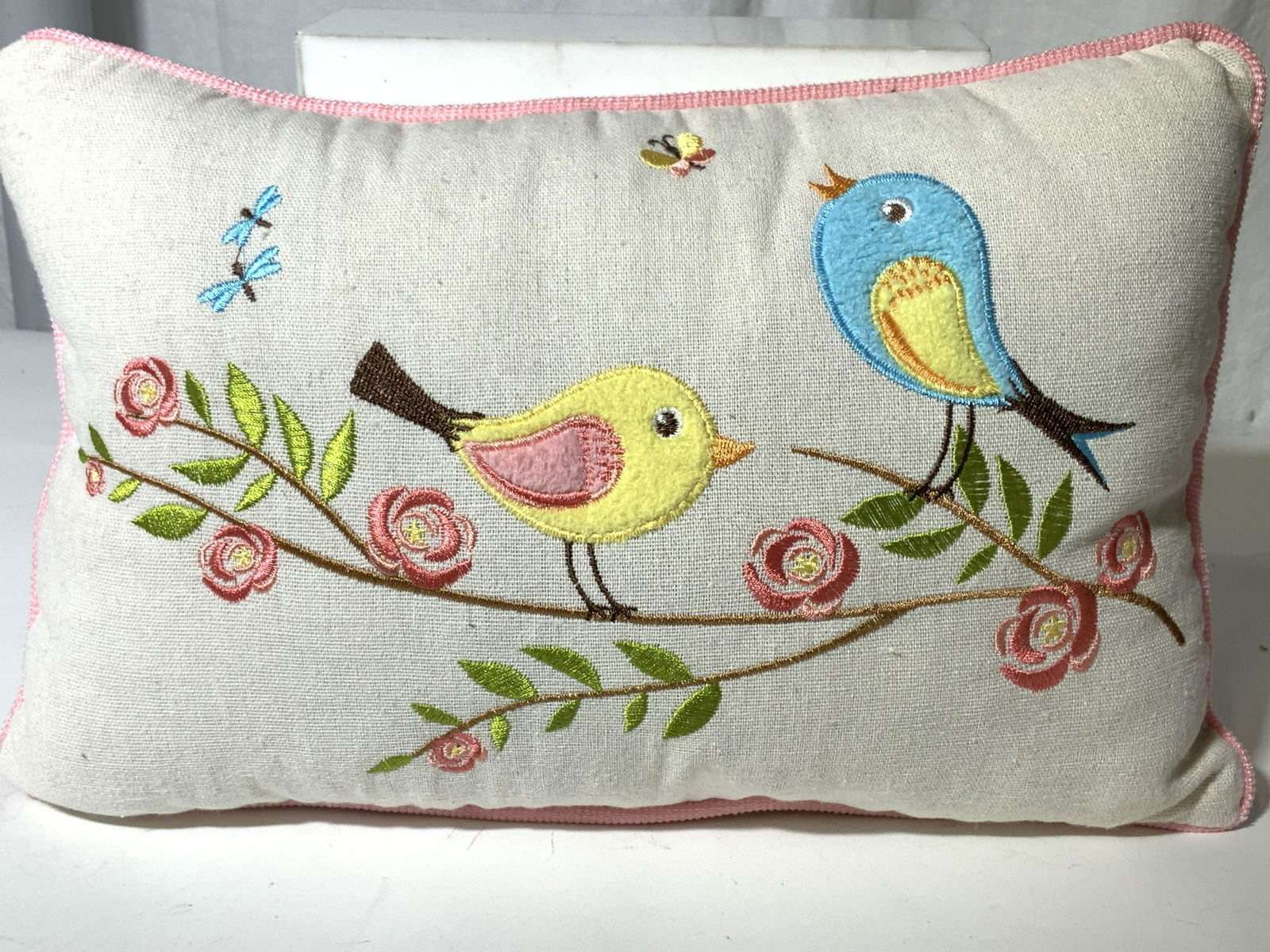 Embroidered Bird Accent Pillow On Linen (1 of 6)