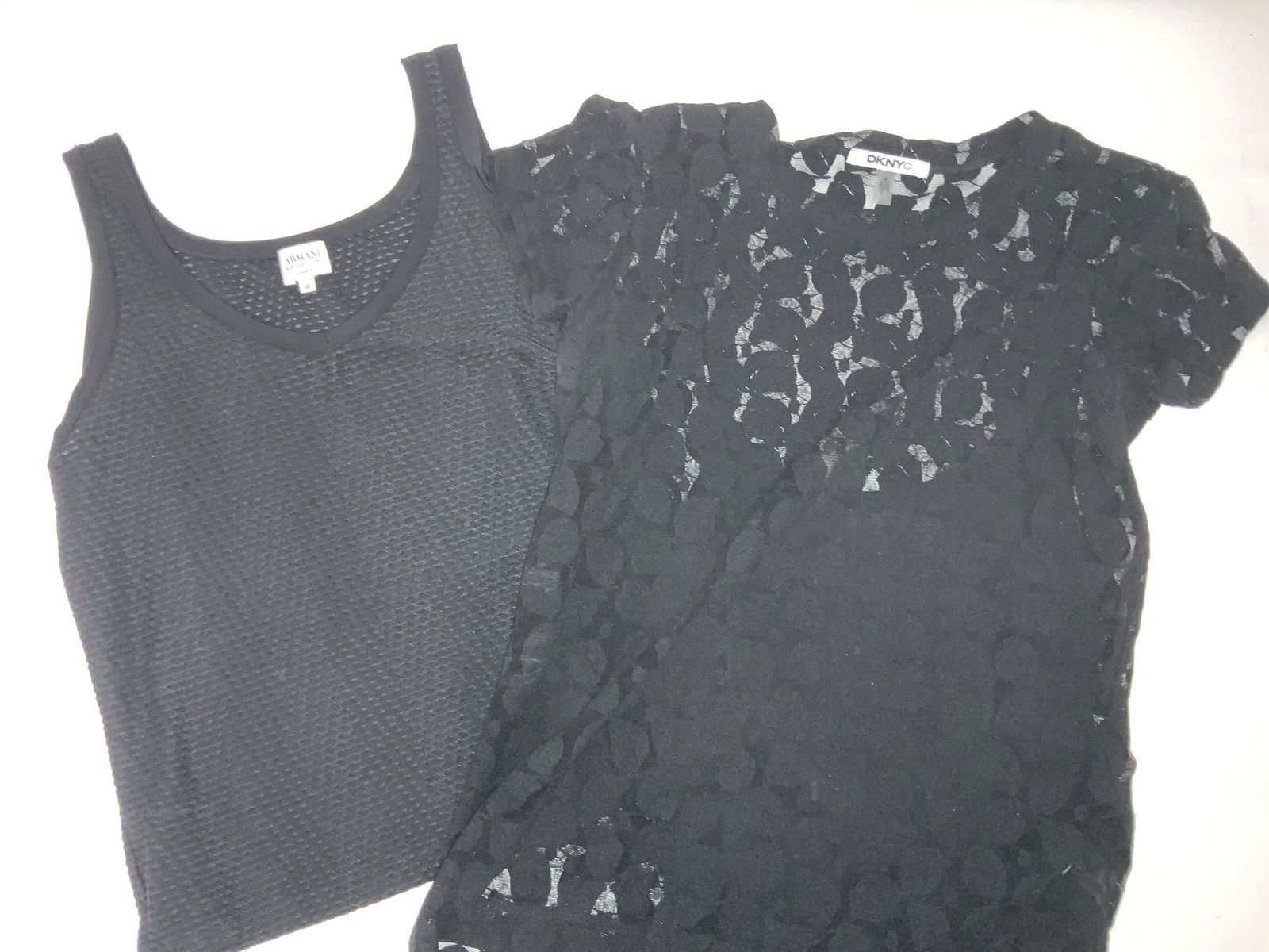 Lot 3 Designer Tops, DKNY, Armani, Banana Rep.: Luxury Spring and Summer wear, Blank Aramni Ladies Tank Top, size 10 Italian, Grey Short Sleeve Banana Republic Top with attached tank top. Size Med. DKNY Black Short Sleeve Top with attached Tank top