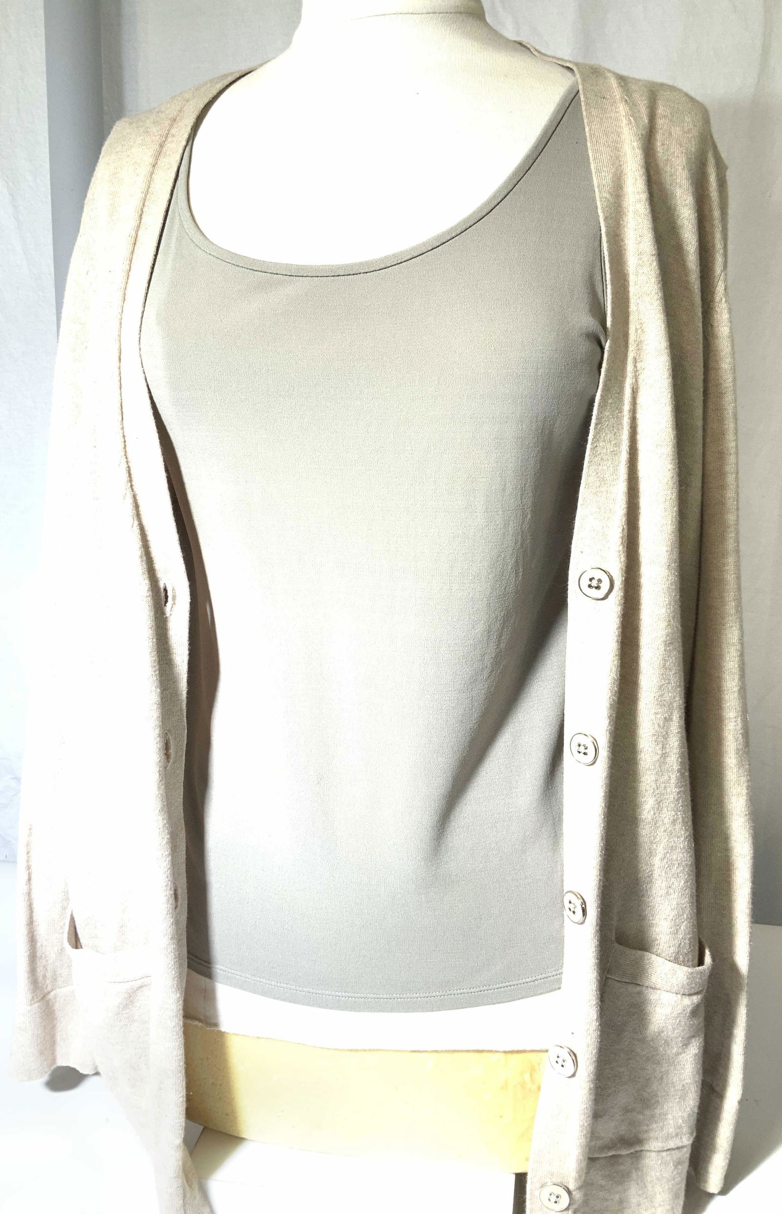 Ladies Tank Tops & Cardigan, Eileen Fisher, more: EILEEN FISHER TAUPE SILK TANK TOP, Size Med. KAREN Kane Under Blouse Tank/ Camisole, size L, Lord & Taylor Cotton and Cashmere Button down Cardigan, sz L with hand pockets. Ladies Wearables, Vintage L