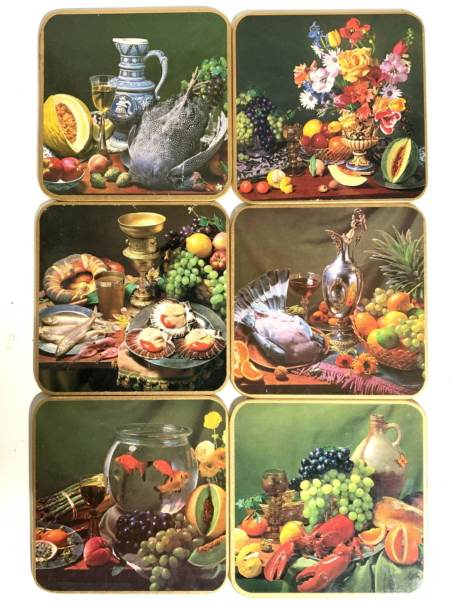Set 6 WIN EL WARE Square Wine Coasters In Box: Underside of each piece is marked WIN EL WARE MADE IN ENGLAND. Each coaster has still life depiction of fruit arrangements. Each measures approx 6 inches square. Coasters, win el ware coasters, square
