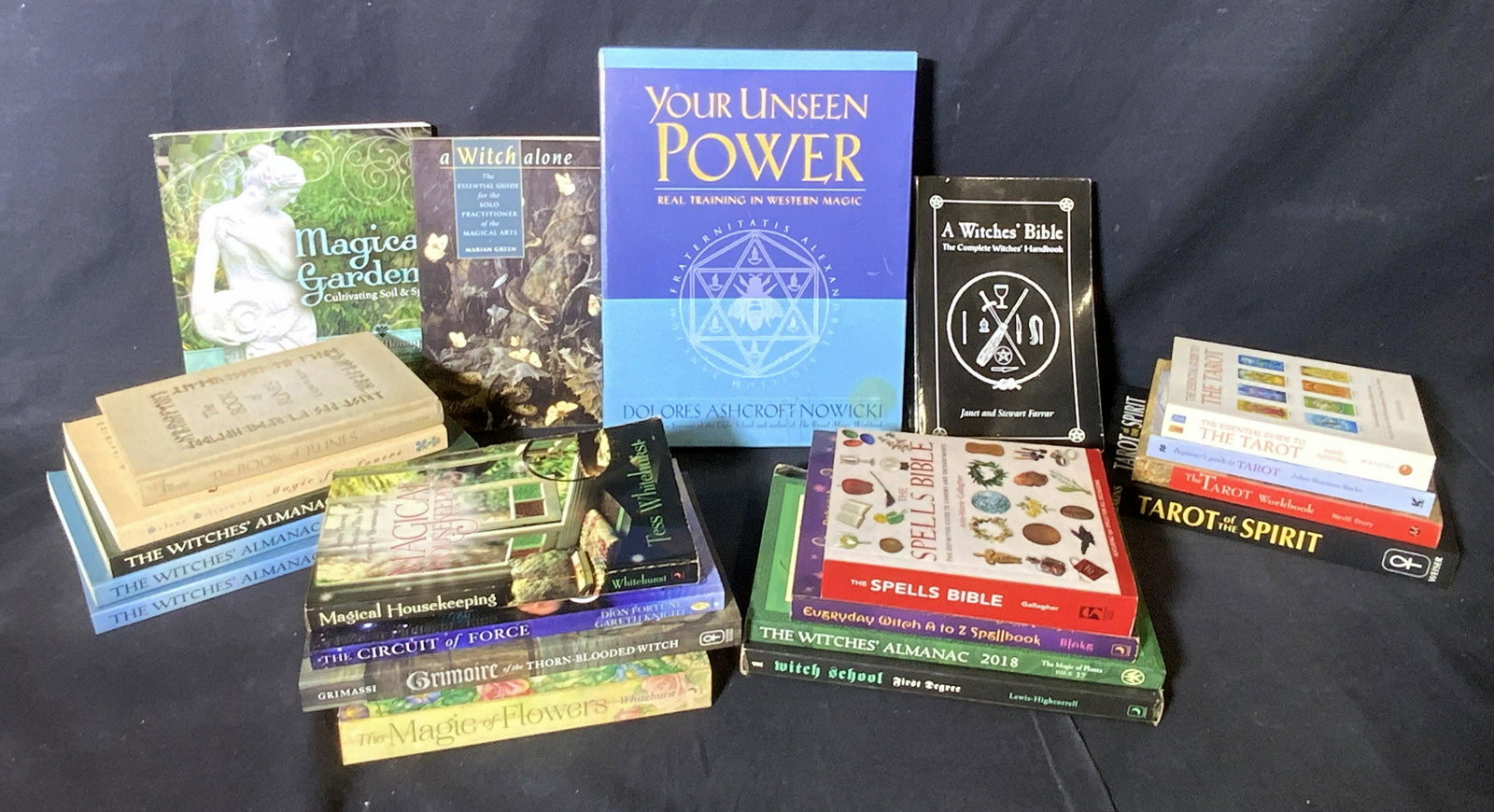 Group Lot 21 Spiritual & Wiccan Books: Group Lot 21 Spiritual & Wiccan Books, lot consists of ‘Your Unseen Power: Real Training in Western Magic’ ‘A Witches’ Bible’ ‘A Witch Alone’ ‘Magical Garden’ ‘The Book of Runes’