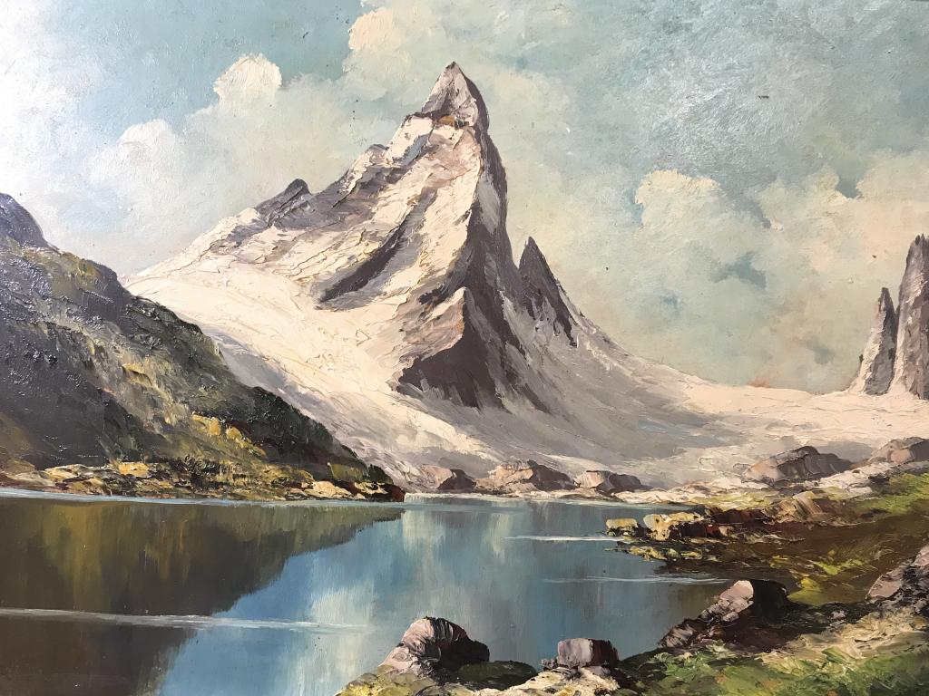 Signed Oil On Board Snowy Mountain & Lake Scene (1 of 9)